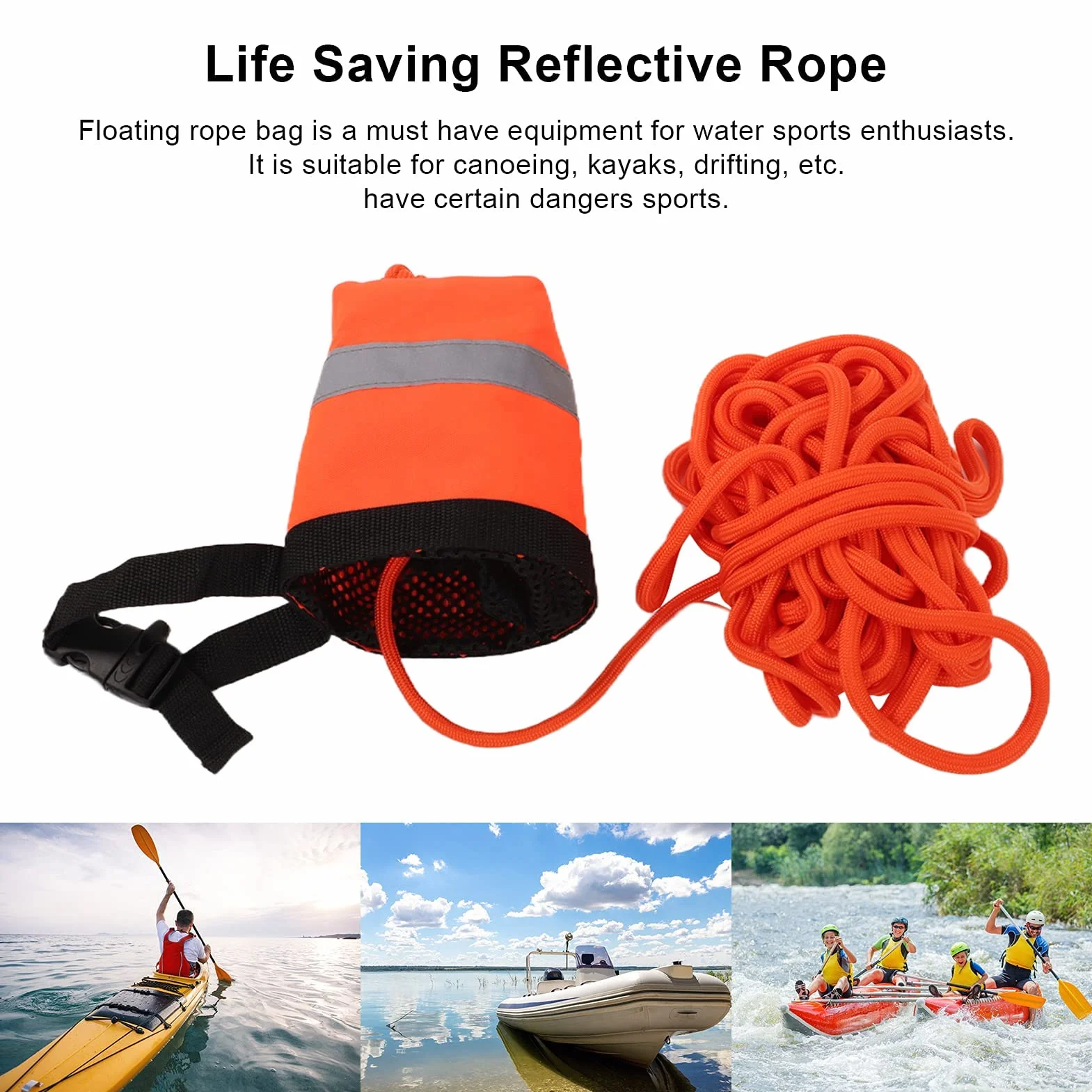 Alomejor Bolsa de Tiro de Cuerda Flotante para Deportes Acuáticos con Cuerda Arrojable Reflectante