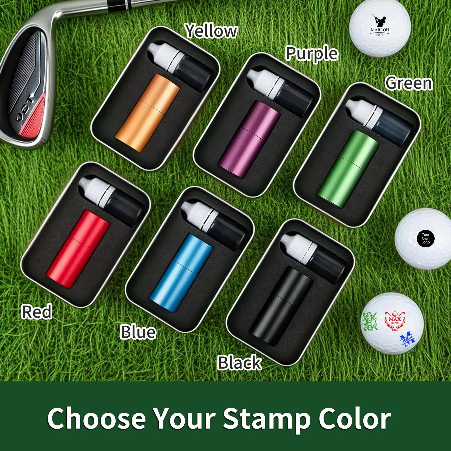 Sello de pelota de golf personalizado con estuche de almacenamiento de metal, marca reutilizable