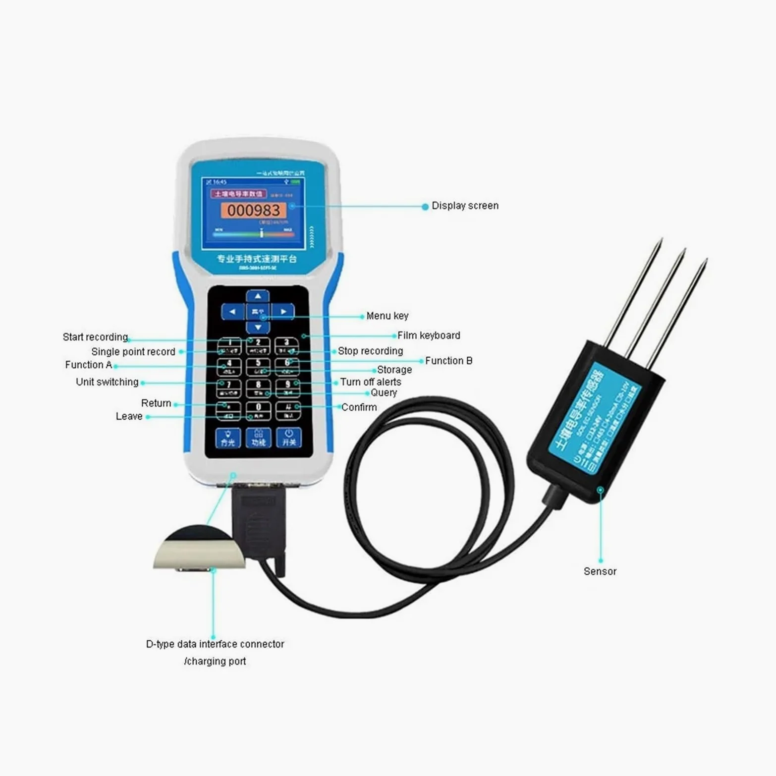 Detector de parámetros del suelo intelinte, portátil, multiparámetro, 7 en 1, sensor de pH, CE, NPK y temperatura.(EC)