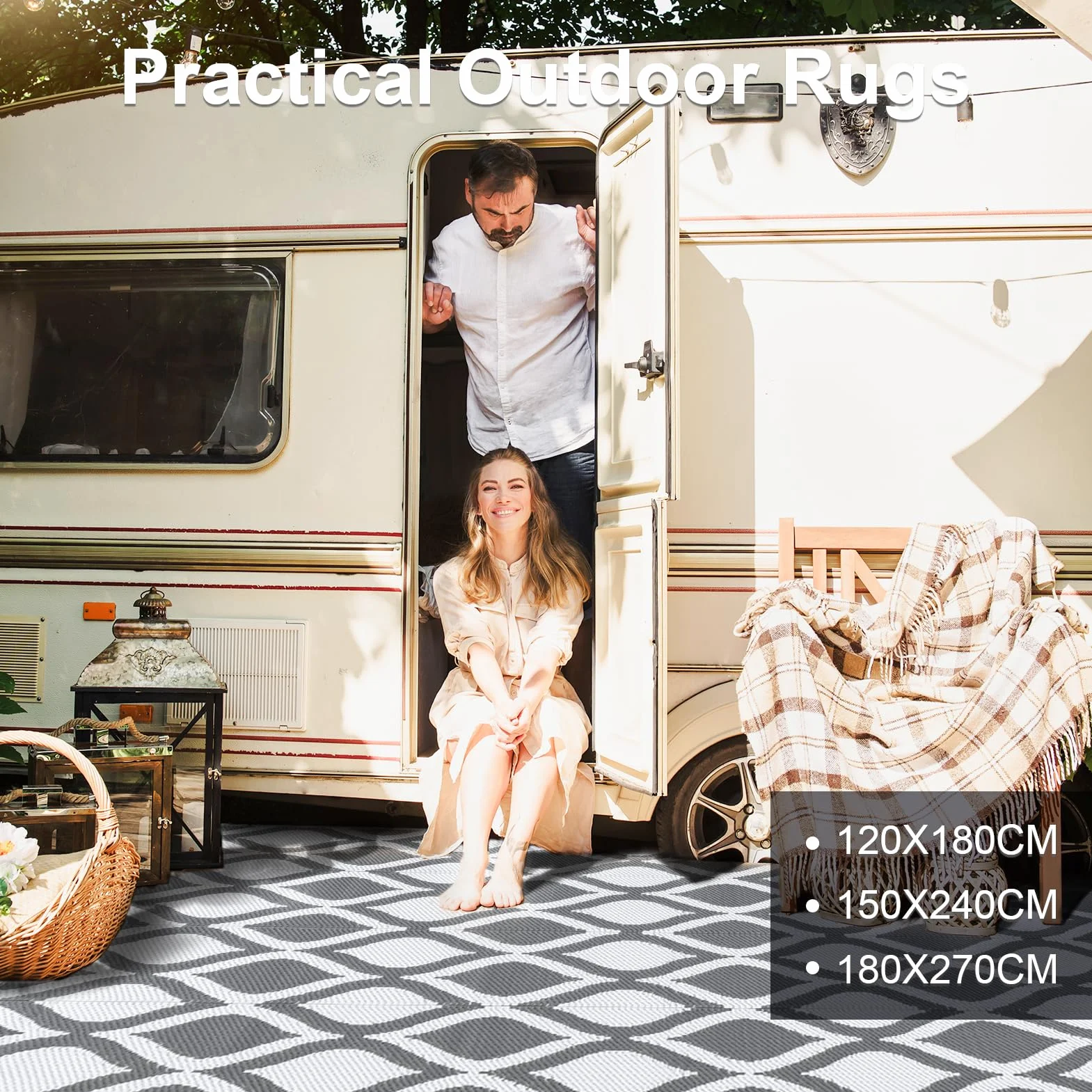 CHOSHOME Alfombra Exterior Impermeable 180x270cm Reversible UV Resistentes para Jardín Patio Camping - Plegable Ligera con Bolsa Transporte, Gris