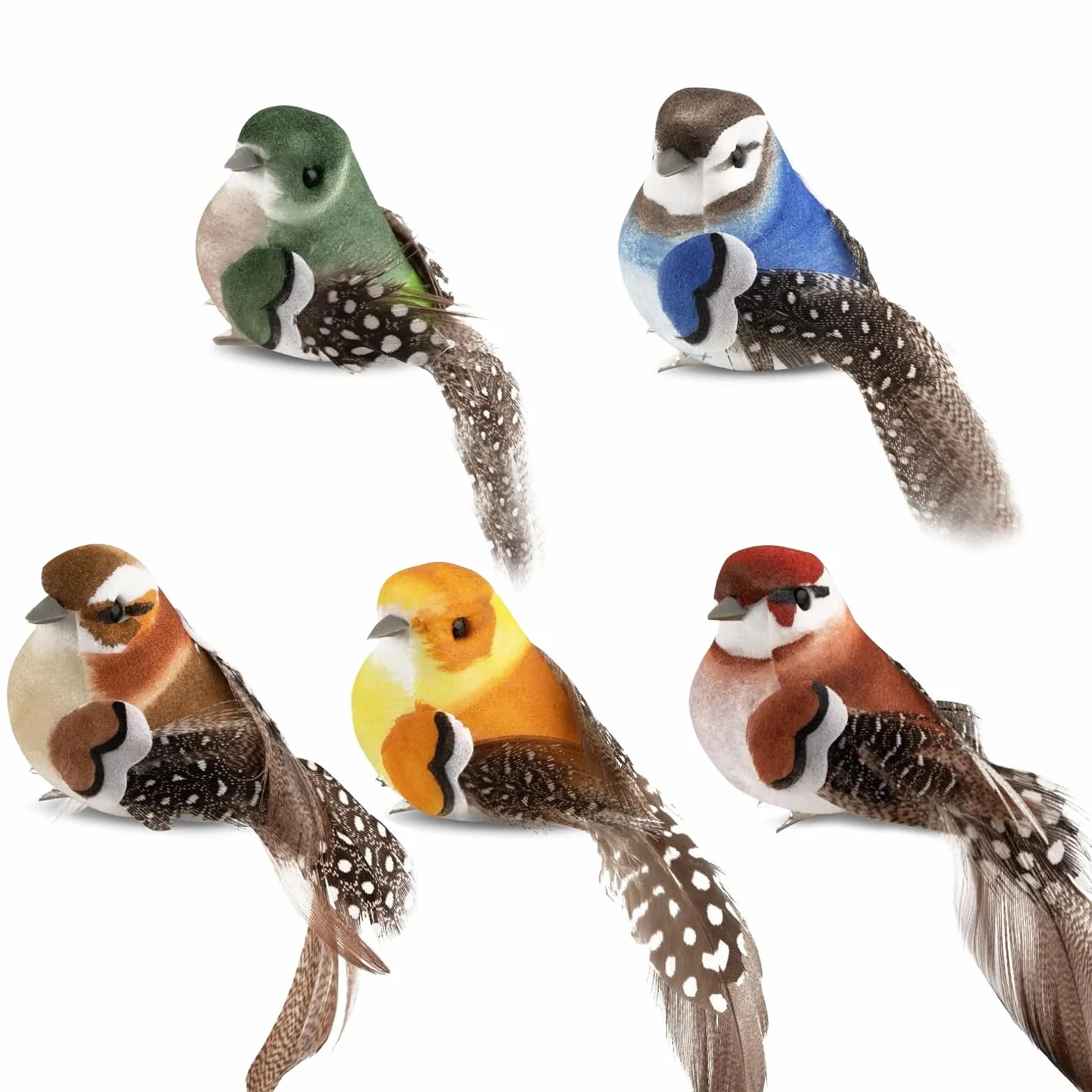 Juego de 5 pájaros decorativos con clip, multicolor para pájaros artificiales con clip, decoración con plumas, para jardín, primavera, fiesta