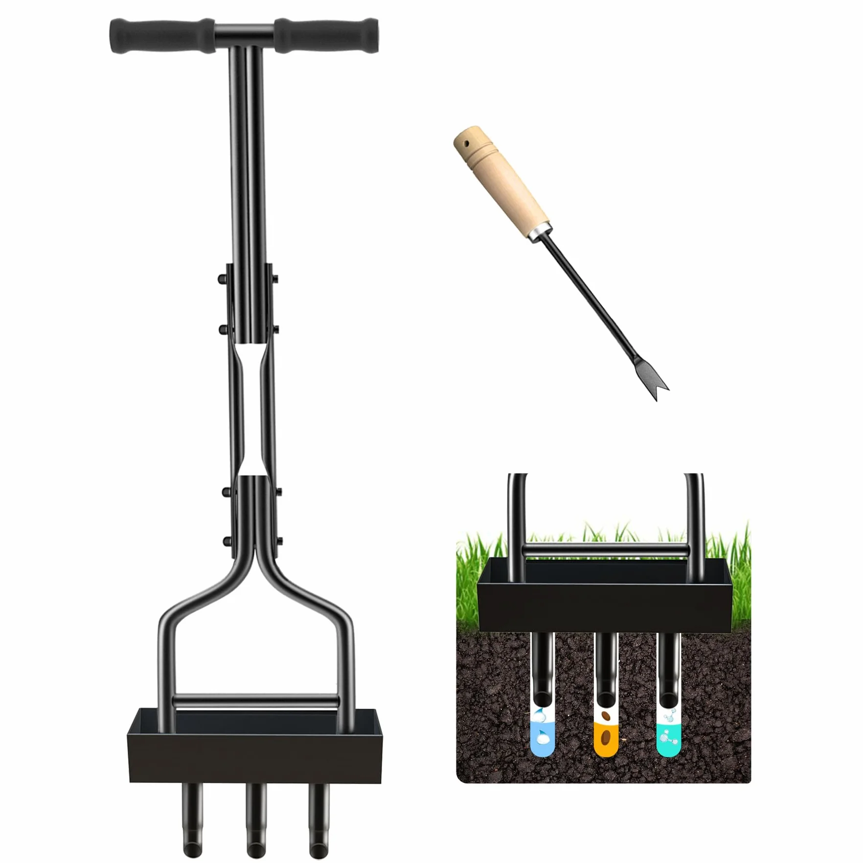 Aireador manual de césped de 3 núcleos, herramienta de extracción de núcleo con caja de recogida de núcleo, aireación de enchufe de 38 pulgadas, herramienta de aireación de núcleo de enchufe