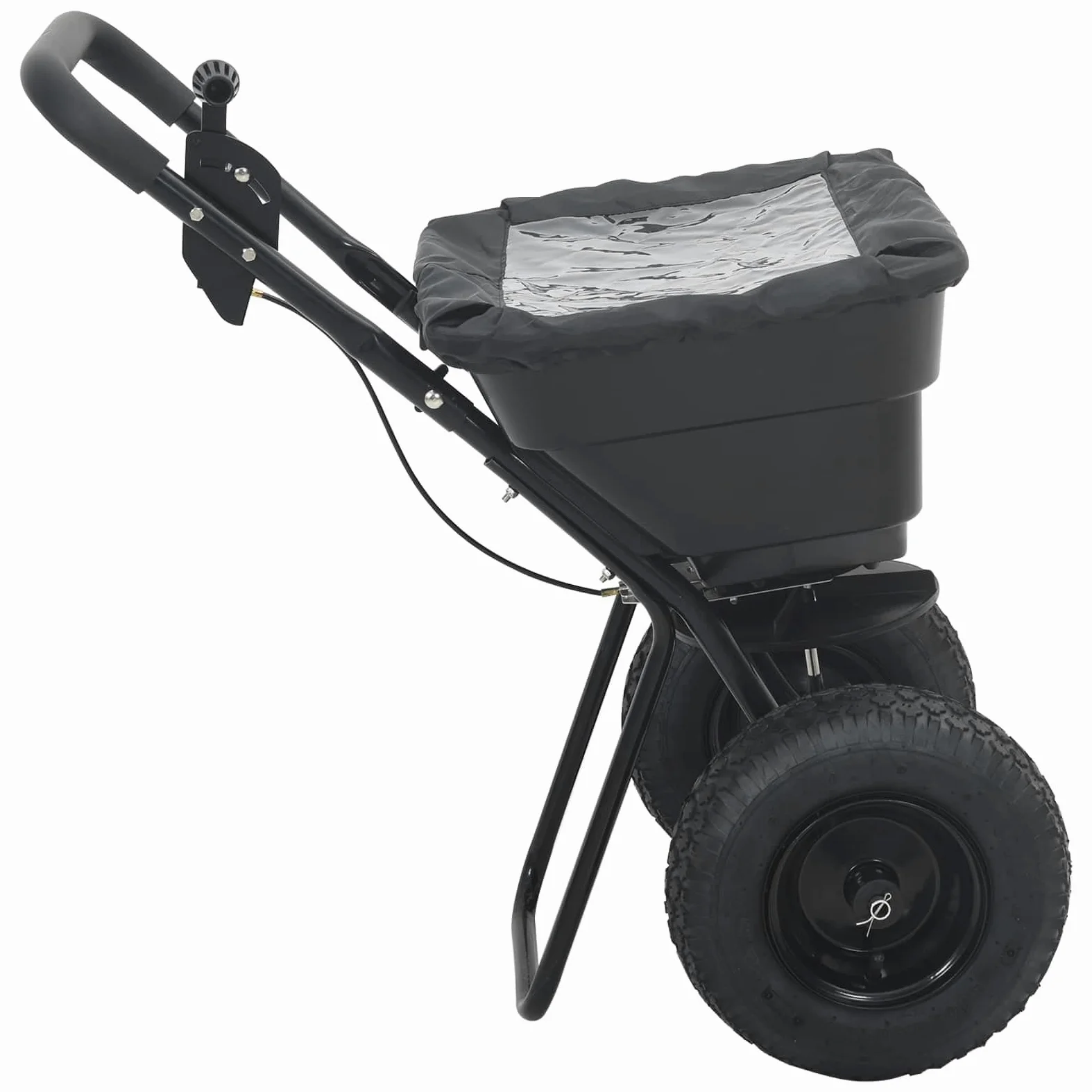 Esparcidor negro de PVC y acero 53 x 81,5 x 78 cm, esparcidor de mano y abono para jardín, patio, acera, bancal, ideal para sembrar, fertilizar, distribuir, esparcir semillas de césped y sal de