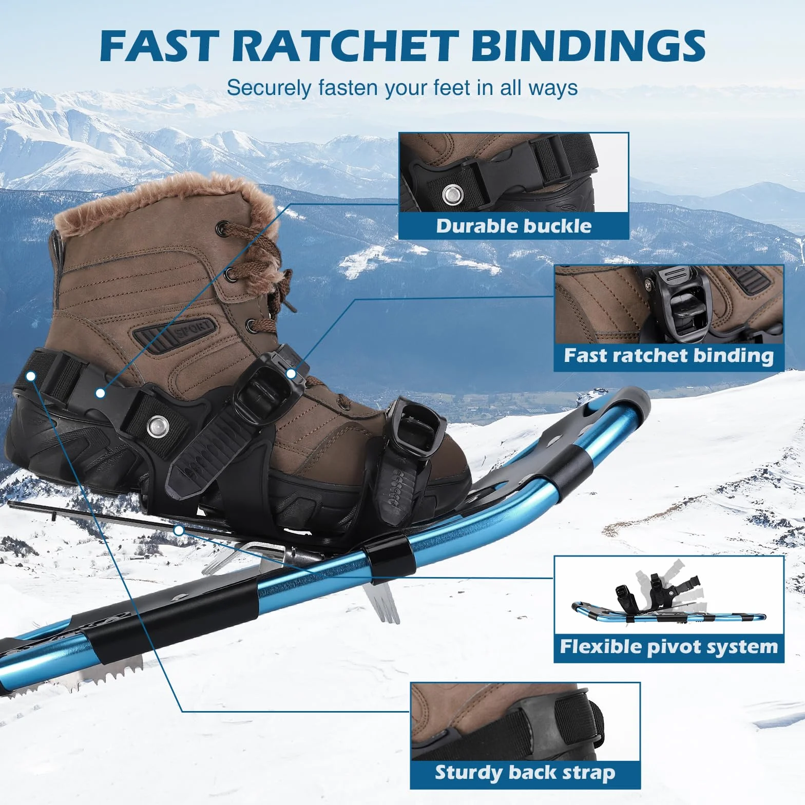 Raquetas de Nieve 4 en 1 Aluminio Ligeras con Bastones Ajustables, Polainas Impermeables y Bolsa - Azul 63cm