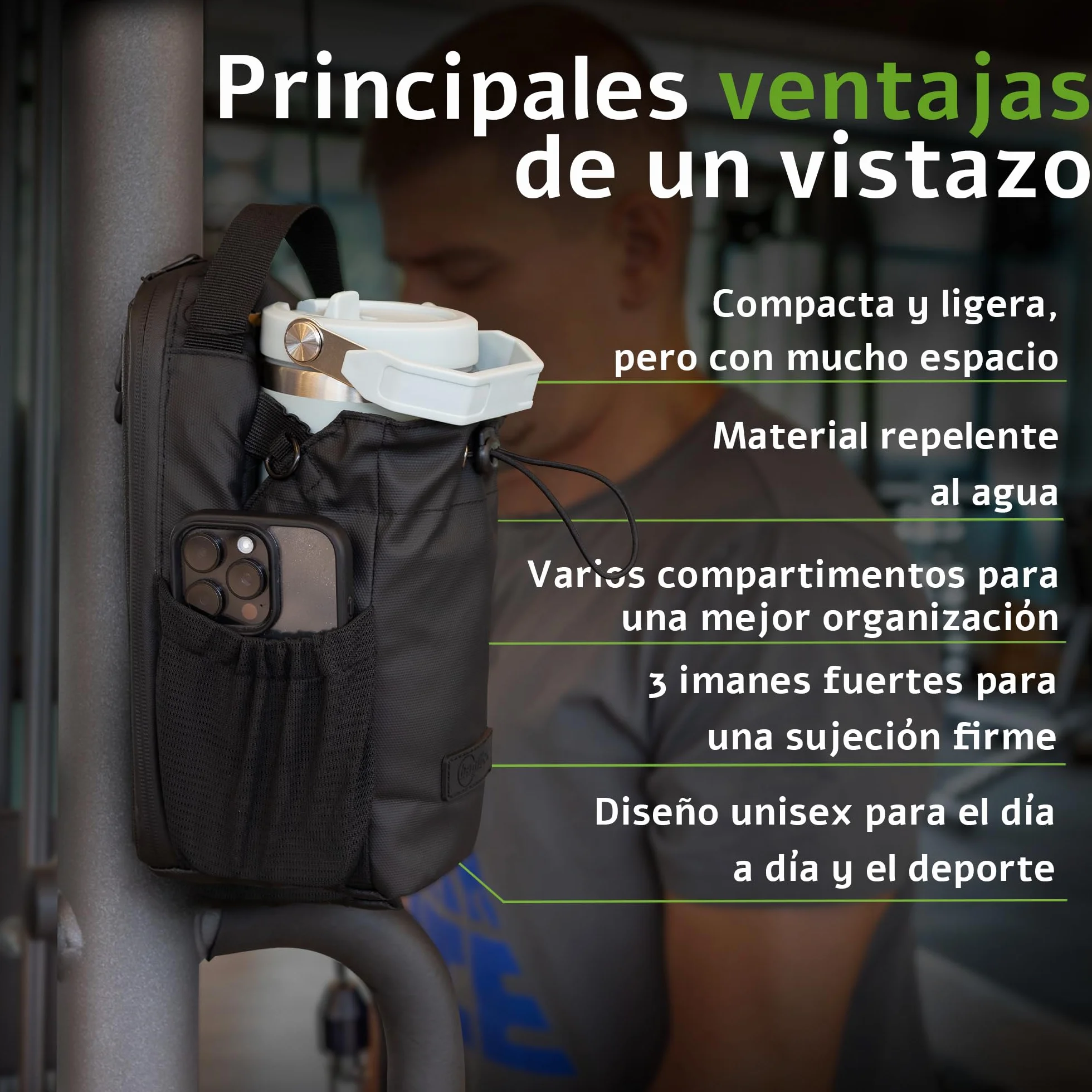 Bolsa Deportiva Magnética para Gimnasio con Soporte para Botella 1,5 L, Correa Ajustable, Negro
