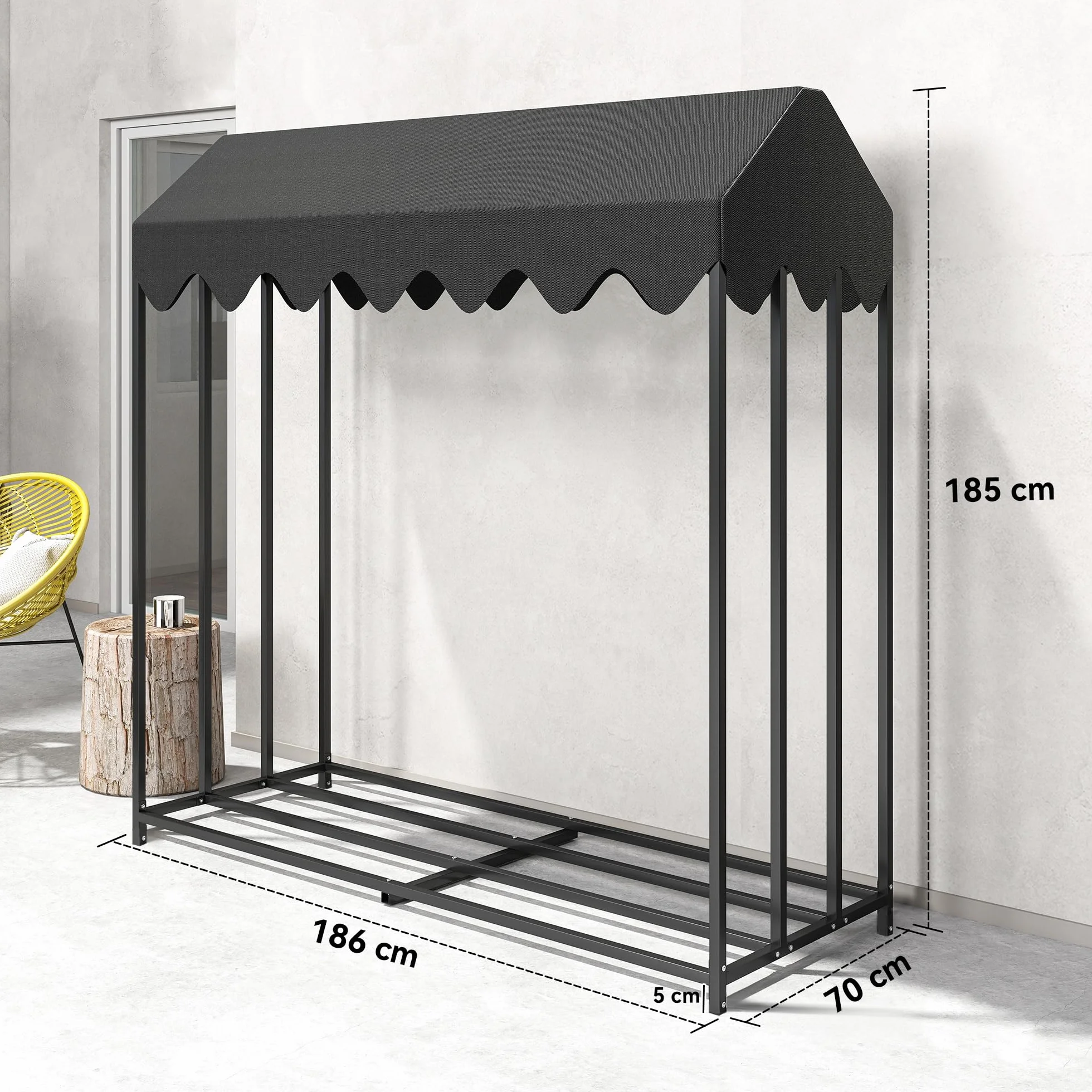 Outsunny Estante de Leña Metálico, 186x70x185 cm, Leñero Exterior con Cubierta Impermeable 600D Oxford, Marco de Acero, Soporte para Leña de Chimenea, para Jardín, Terraza