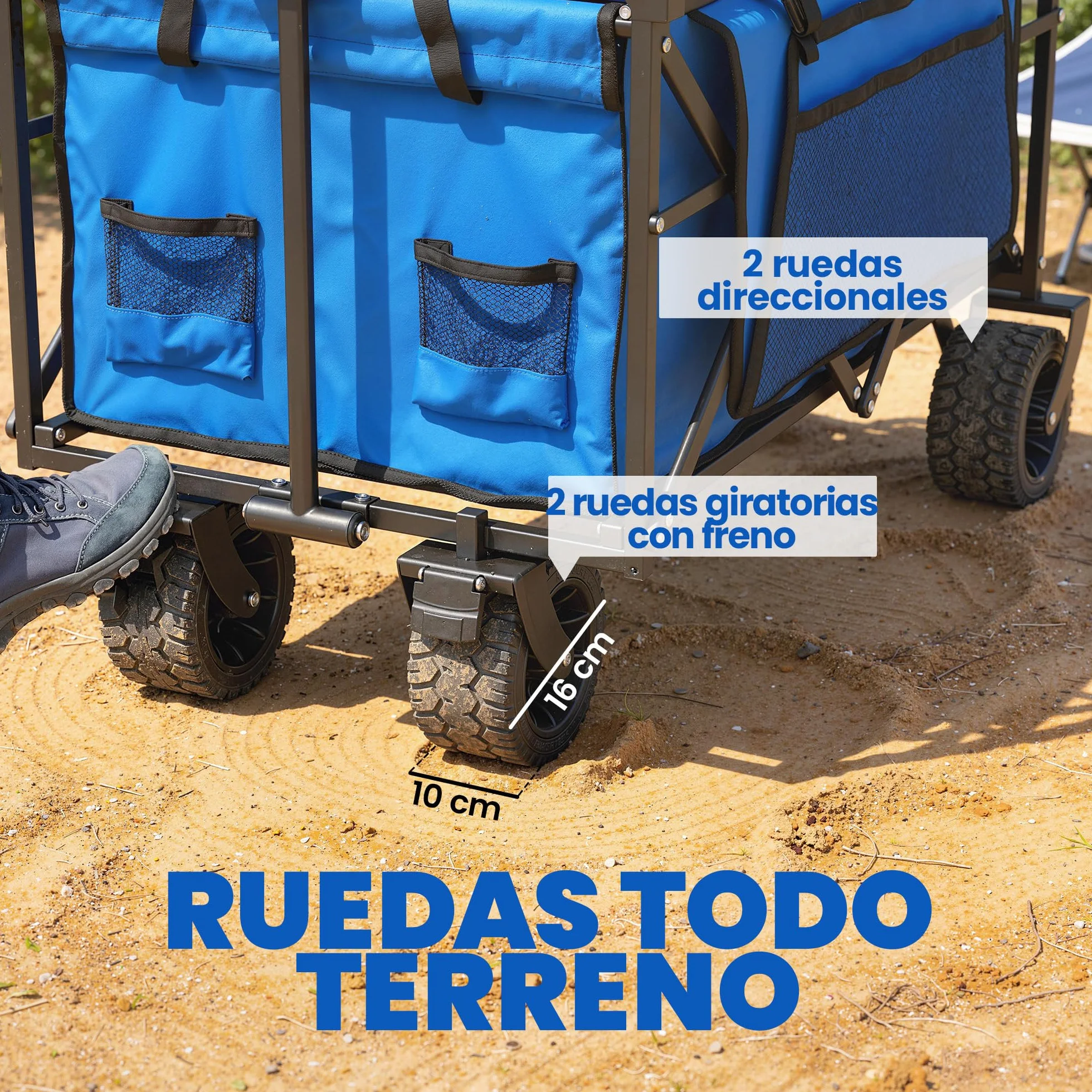 Outsunny Carro Playa con Ruedas Grandes con Freno, Techo Extraíble, Carro Plegable para Jardín con Barra Ajustable, Portavasos y Bolsillos, Carga 100 kg, para Todo Terreno, Campaña, Compras, Azul