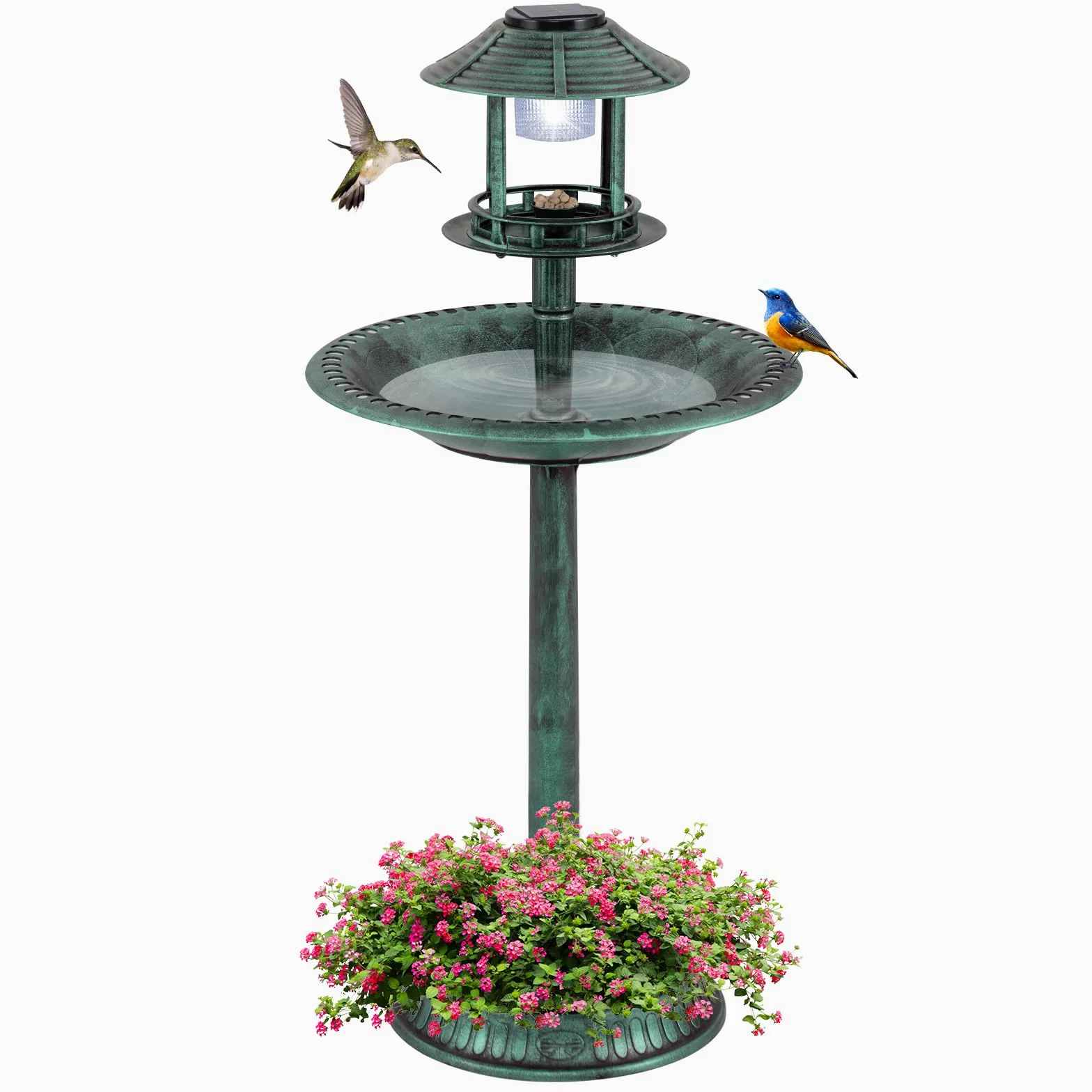 Giantex Baño para pájaros de 42 pulgadas con luz solar, baño de pedestal para pájaros con comedero para pájaros, base de maceta de flores, lámpara de energía solar, 3 estacas de tierra, baño de