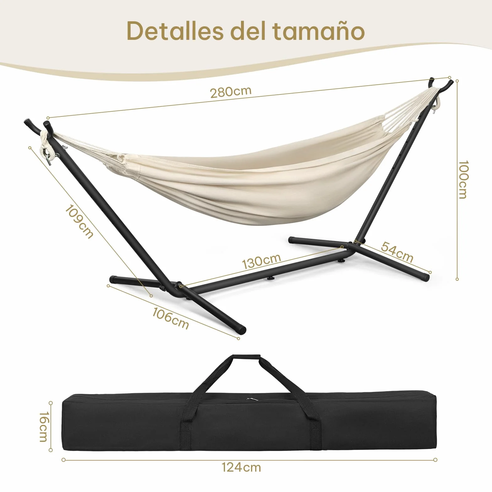 Laneetal Hamaca Jardín Tumbonas, Hamaca para 2 Personas con Soporte Metálico, Capacidad 250 kg, con Bolsa de Transporte, para Terraza, Jardín y Piscina, 280x106x100 cm (Beige, 280x106x100 cm)