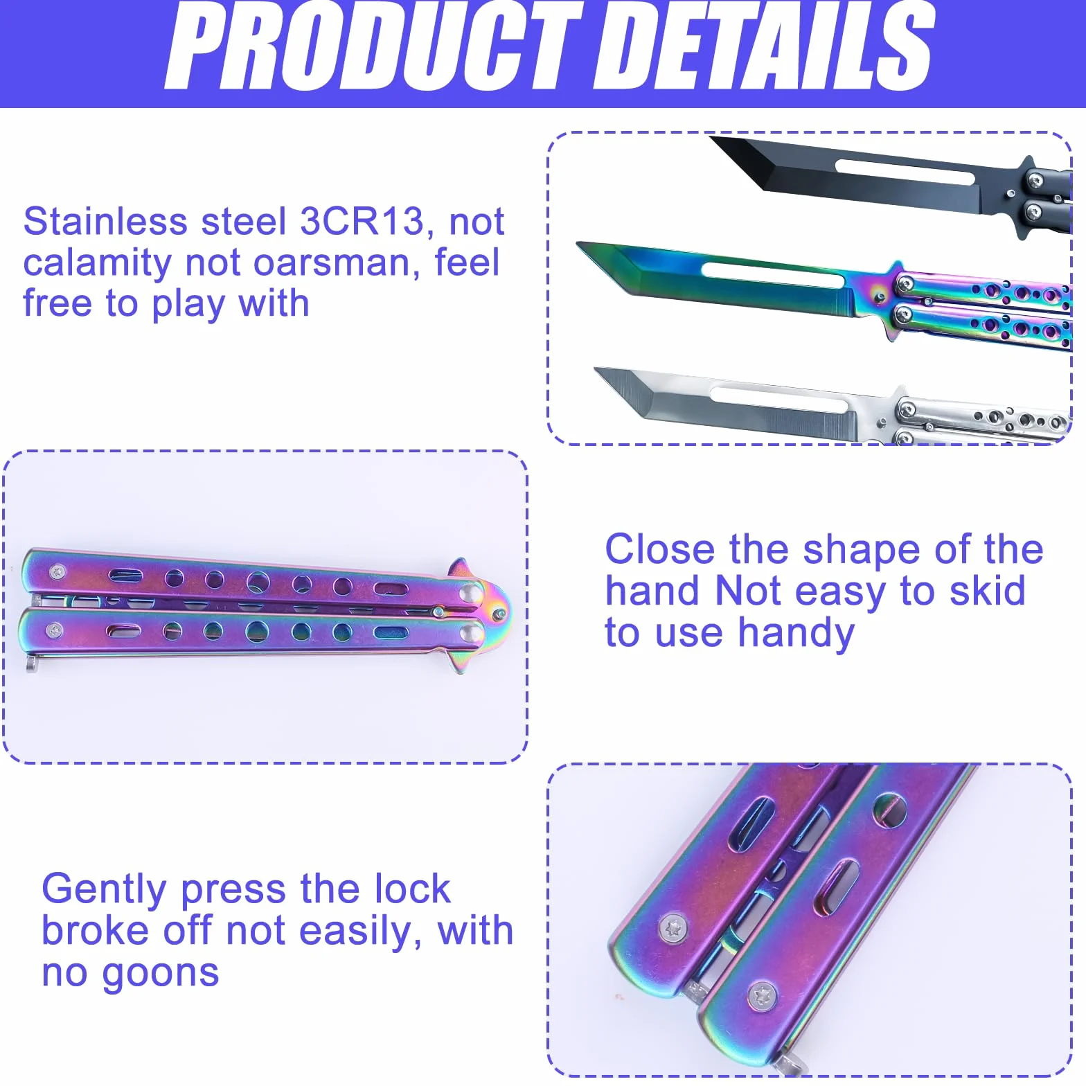 Navajas de Mariposa de Acero Inoxidable para Practicar, Cuchillo de Flipping para Principiantes (Negro)
