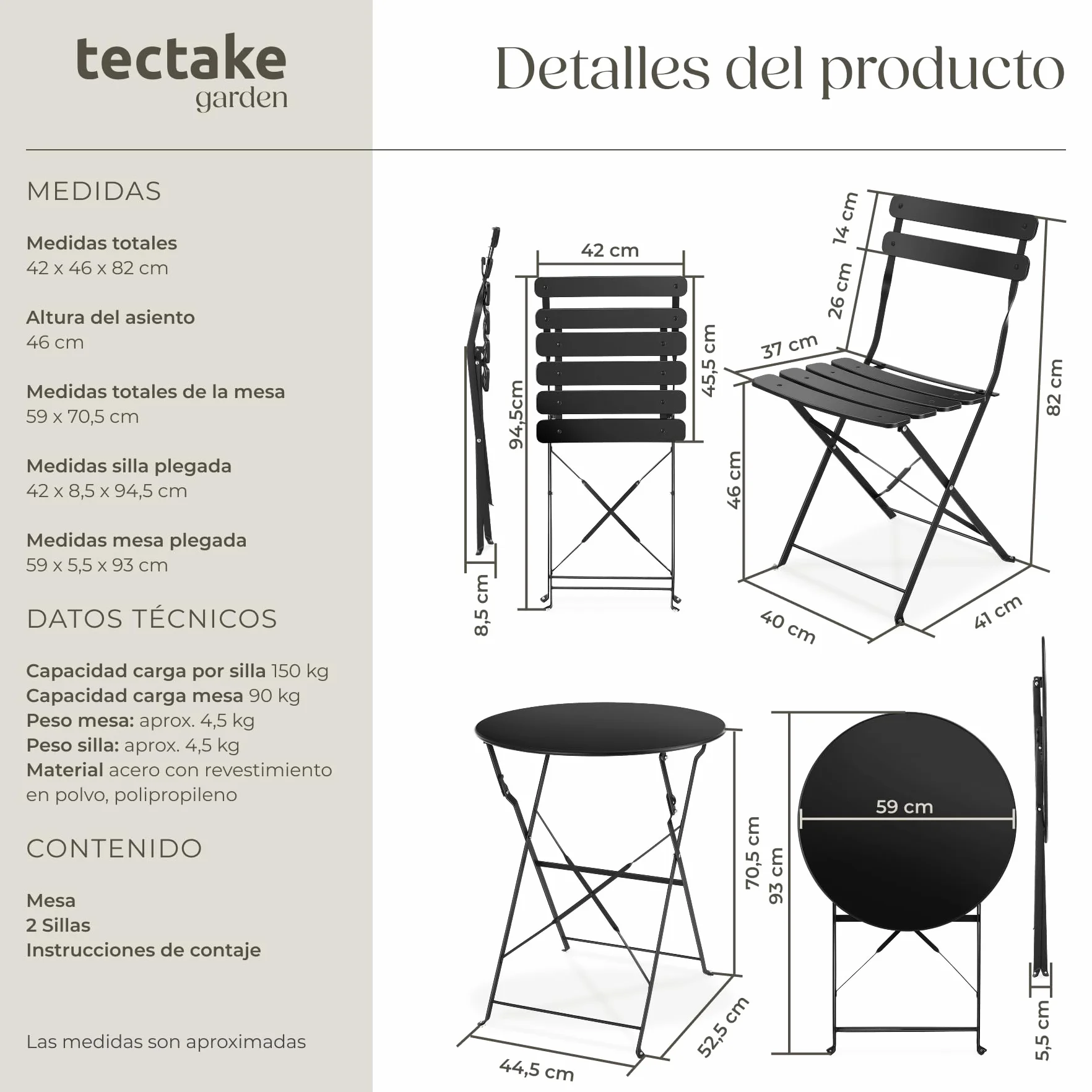 tectake® Conjunto Muebles Jardín Exterior de Mesa de Bistró y 2 Sillas, Plegables, Tapas Antideslizantes, Mesa y Sillas Terraza Estilo Retro con Estructura de Acero, Ideal Balcones Pequeños - Negro