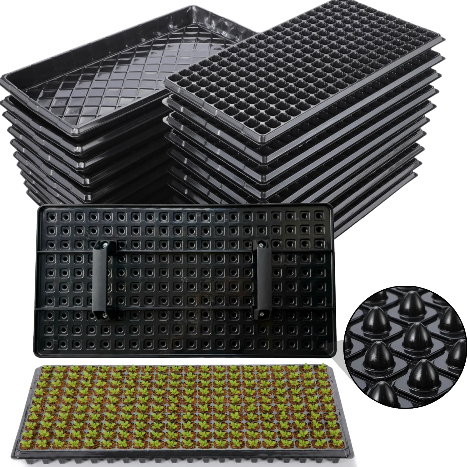 Bandejas de inicio de semillas de 200 celdas con dibber, paquete de 10 bandejas de inicio de vivero con bandeja base, excavadora de tierra de 200 agujeros para colocar rápidamente, bandeja de