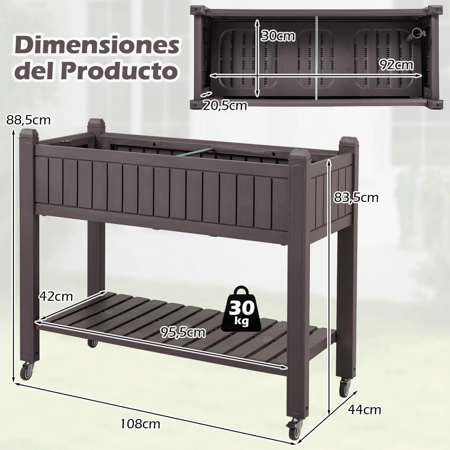 COSTWAY Huerto Urbano Elevado Mesa de Cultivo con Ruedas, Caja de Planta Divisible con Monitor de Agua, Orificio de Drenaje y Estante para Verduras y Hierbas, para Cultivo Plantas Flores Verduras