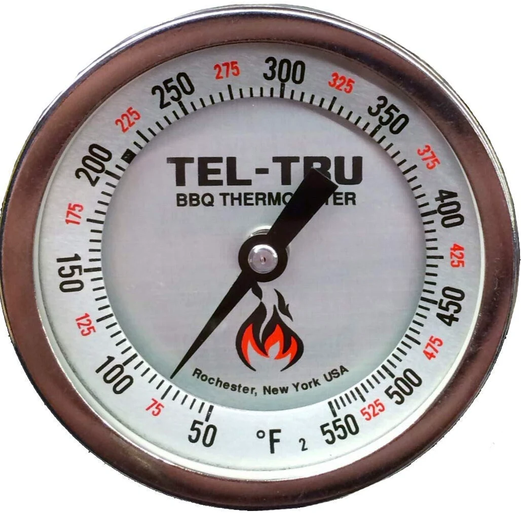 Tel-Tru BQ300R - Termómetro para barbacoa y ahumador, esfera de aluminio antiparalaje de 3 pulgadas con reajuste de calibración, vástago de 2.5 cm, 50/550 grados F