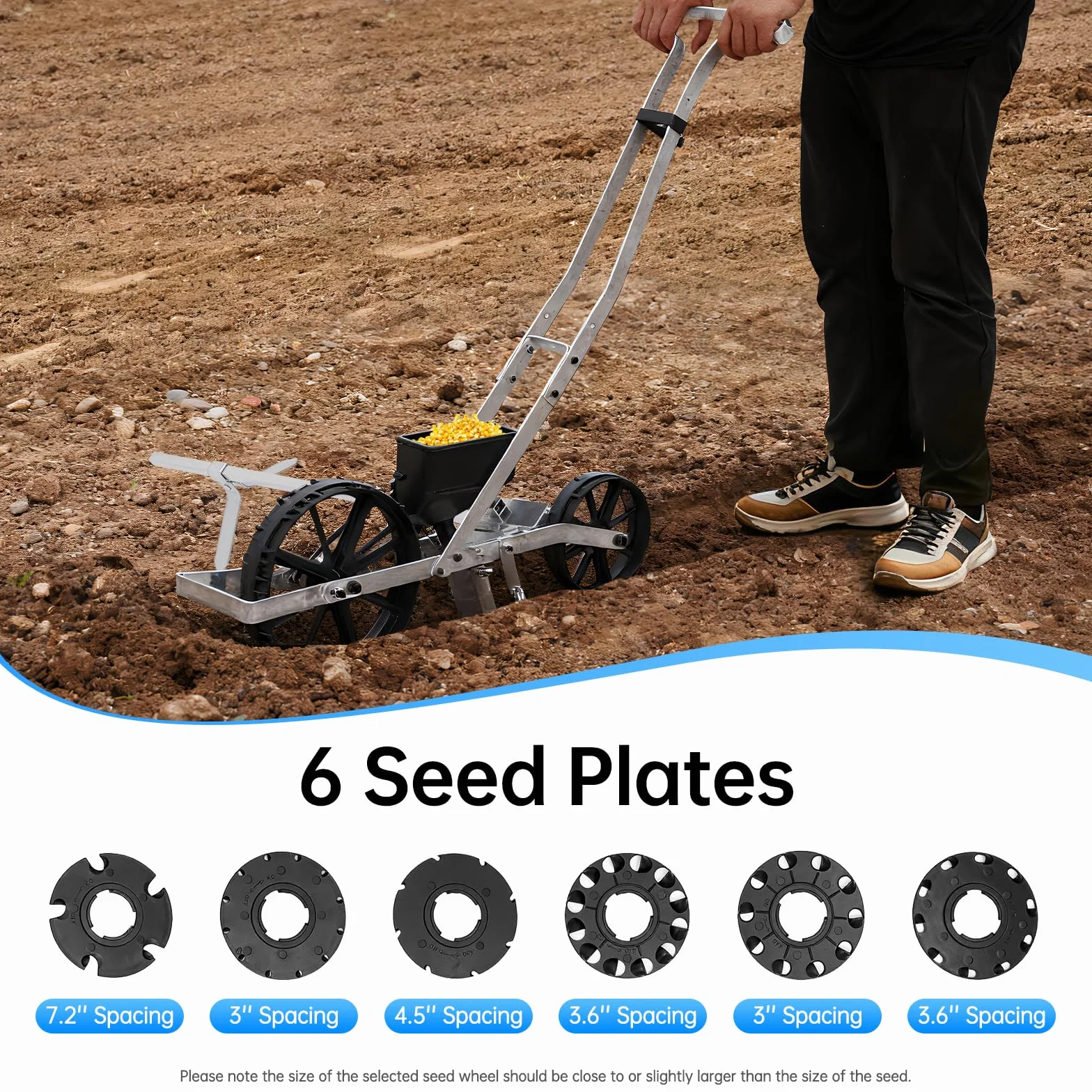 Sembradora manual de aluminio para jardín, 5-40 mm, sembradora manual y esparcidora, con mango ergonómico, para lechuga, remolacha, endivia, col, cebolla, tomates