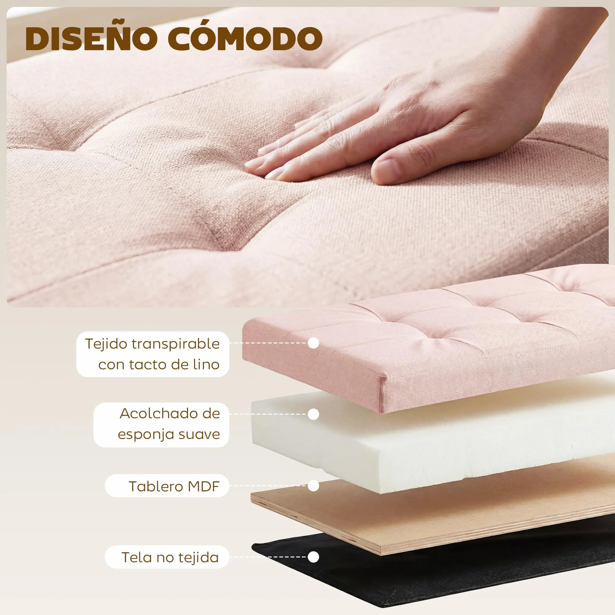 HOMCOM Puff Almacenaje, Banco Almacenaje Plegable, 84 L, 76x38x38 cm, Tapizado en Lino Sintético, Baúl de Almacenamiento, Carga 120 kg, Taburete para Sala de Estar, Dormitorio, Entrada, Rosa