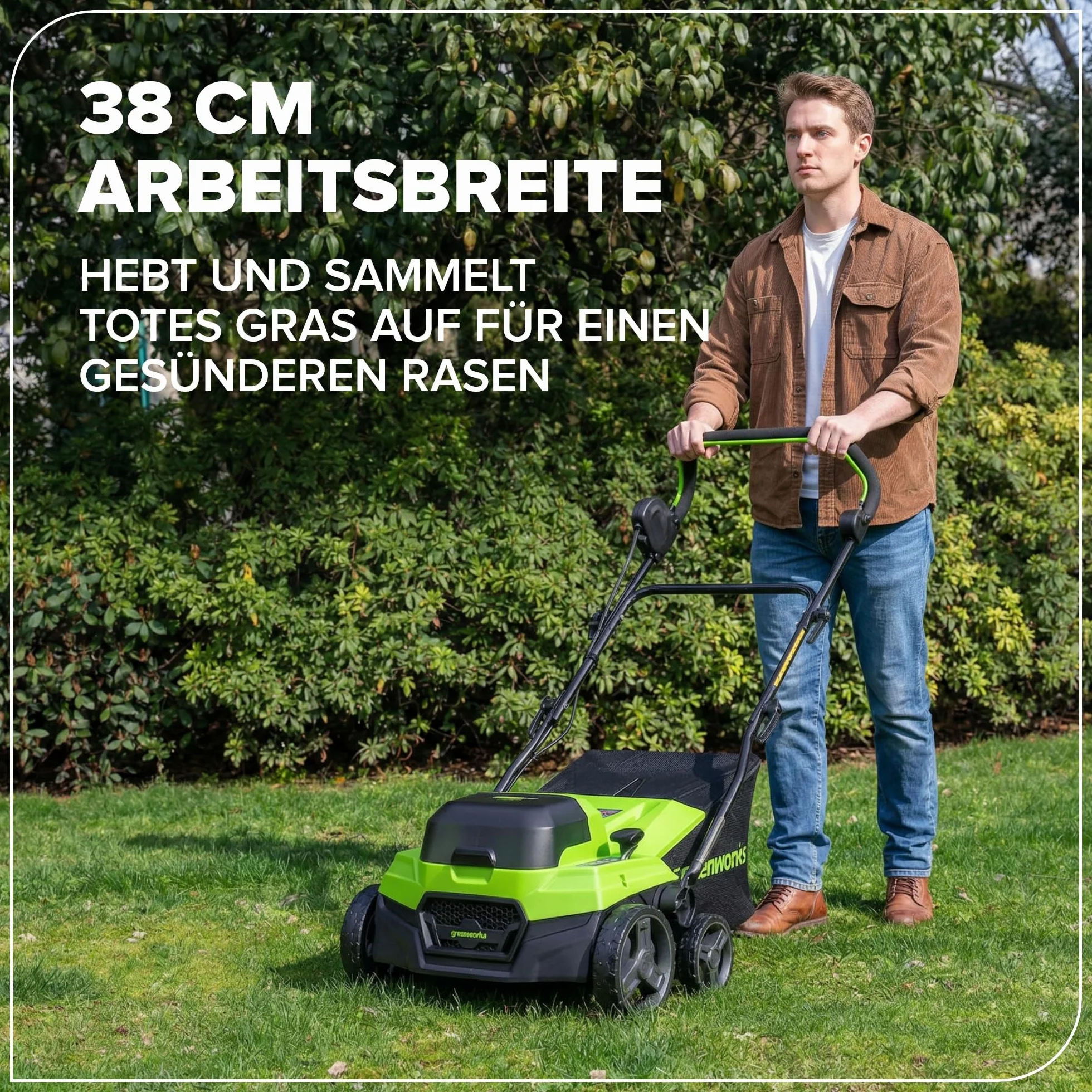 Greenworks Escarificador Aireador Césped 48V (24V x2) Brushless 2-en-1, Ancho 38 cm, 5 Niveles Altura, Bolsa 45L, Manillar Plegable, Herramienta Jardín Inalámbrica, Sin Batería GD2X24SC38II
