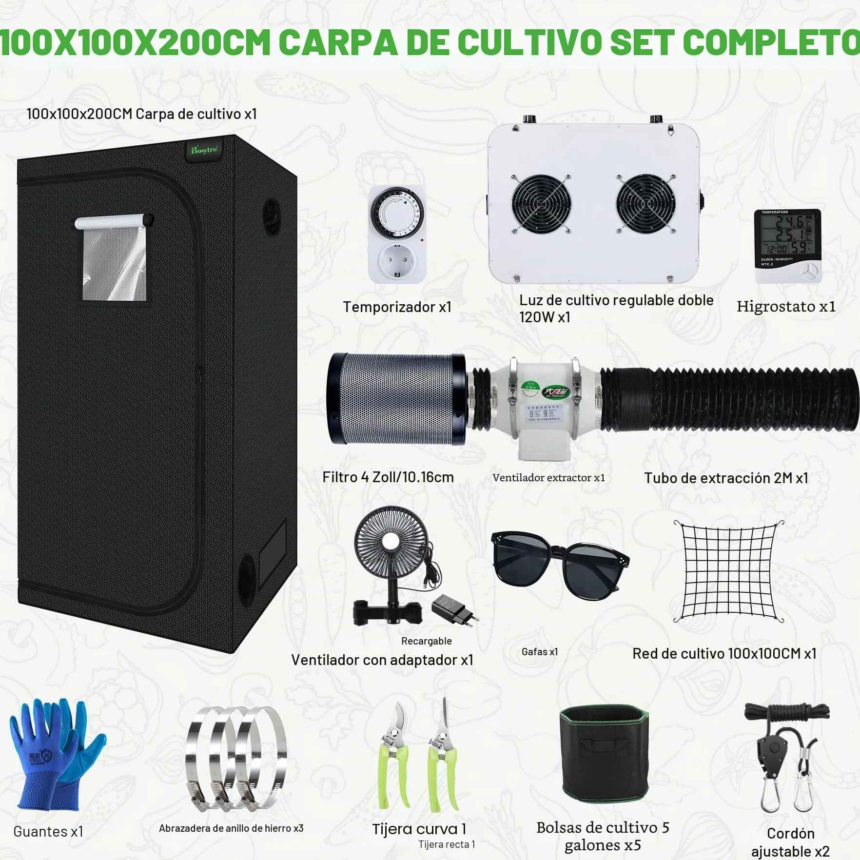 Crecer Carpa Kit Completo, Armario Cultivo Interior, Luz para Plantas, Hidroponia Kit Completo, 600D Lona con termohigrómetro y Temporizador, Apto para Uso Interior y Exterior(100x100x200cm)