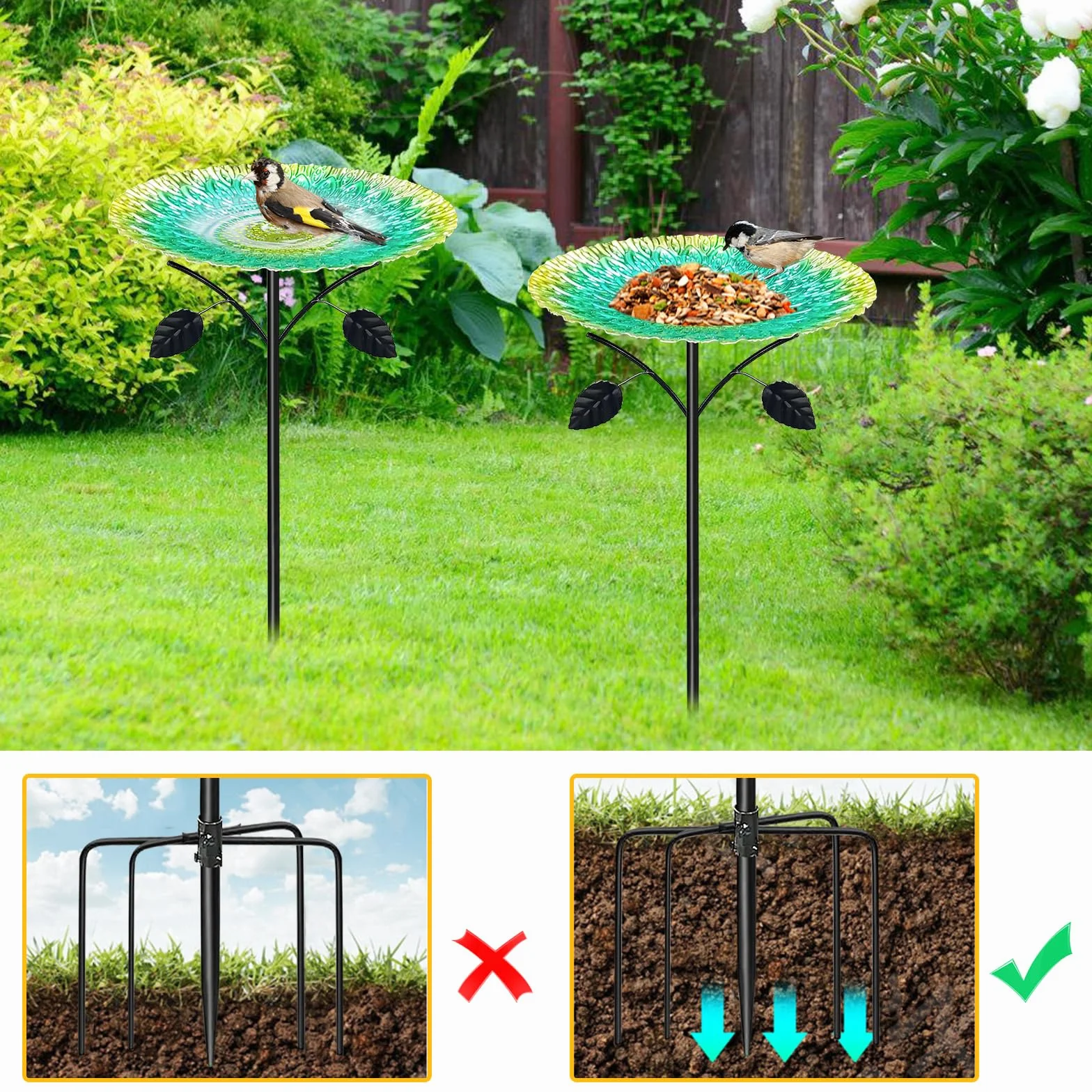 Bebedero para pájaros de pie, grande, 83 cm, de metal, baño para pájaros de pie, para jardín, resistente al invierno para exteriores, bebedero de agua antiguo para pájaros, bebedero de jardín con base
