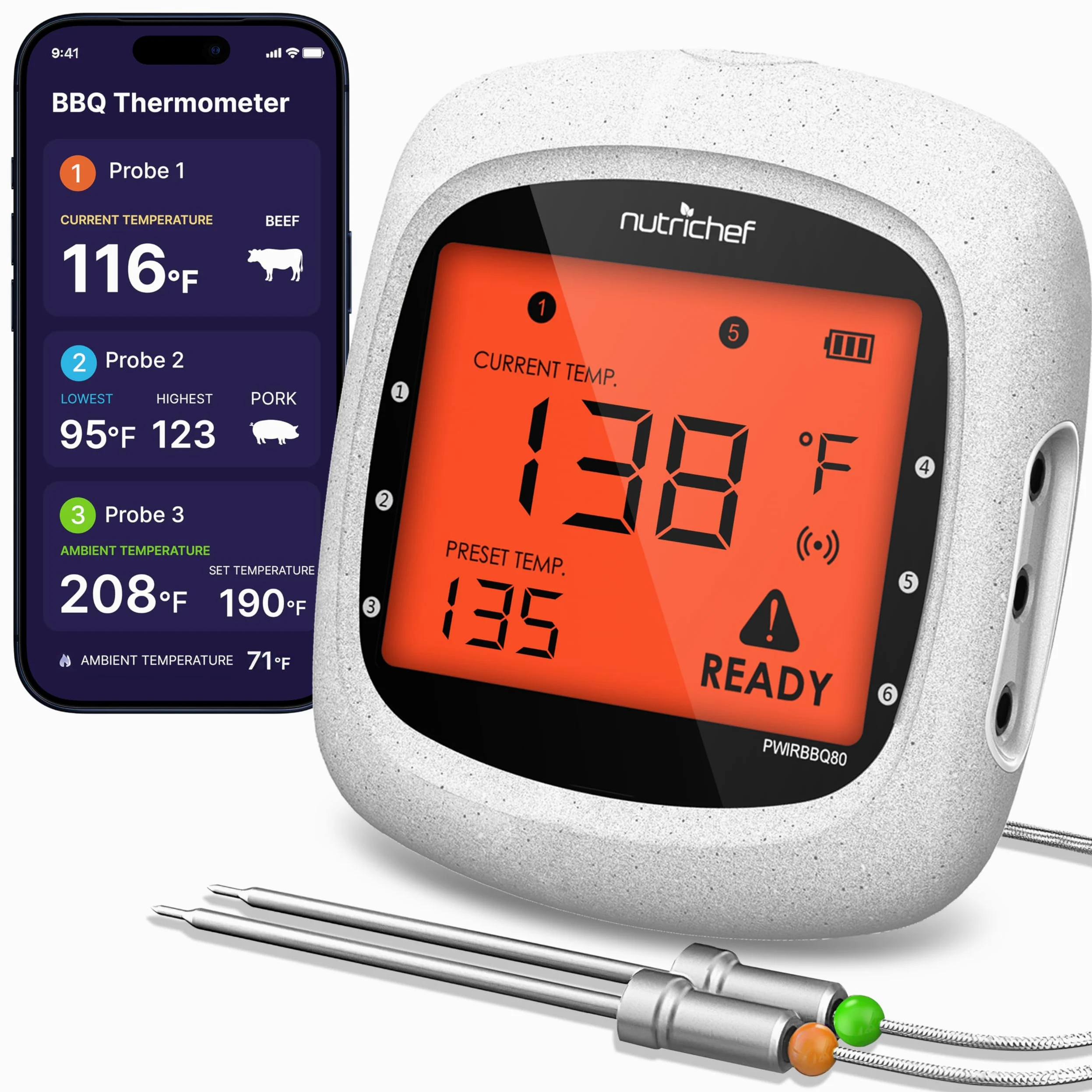 NutriChef Termómetro de carne Bluetooth para asar y ahumar, termómetro de parrilla WiFi para barbacoa exterior y horno ahumador, 6 sondas de temperatura y aplicación inteligente y rango de 400 pies