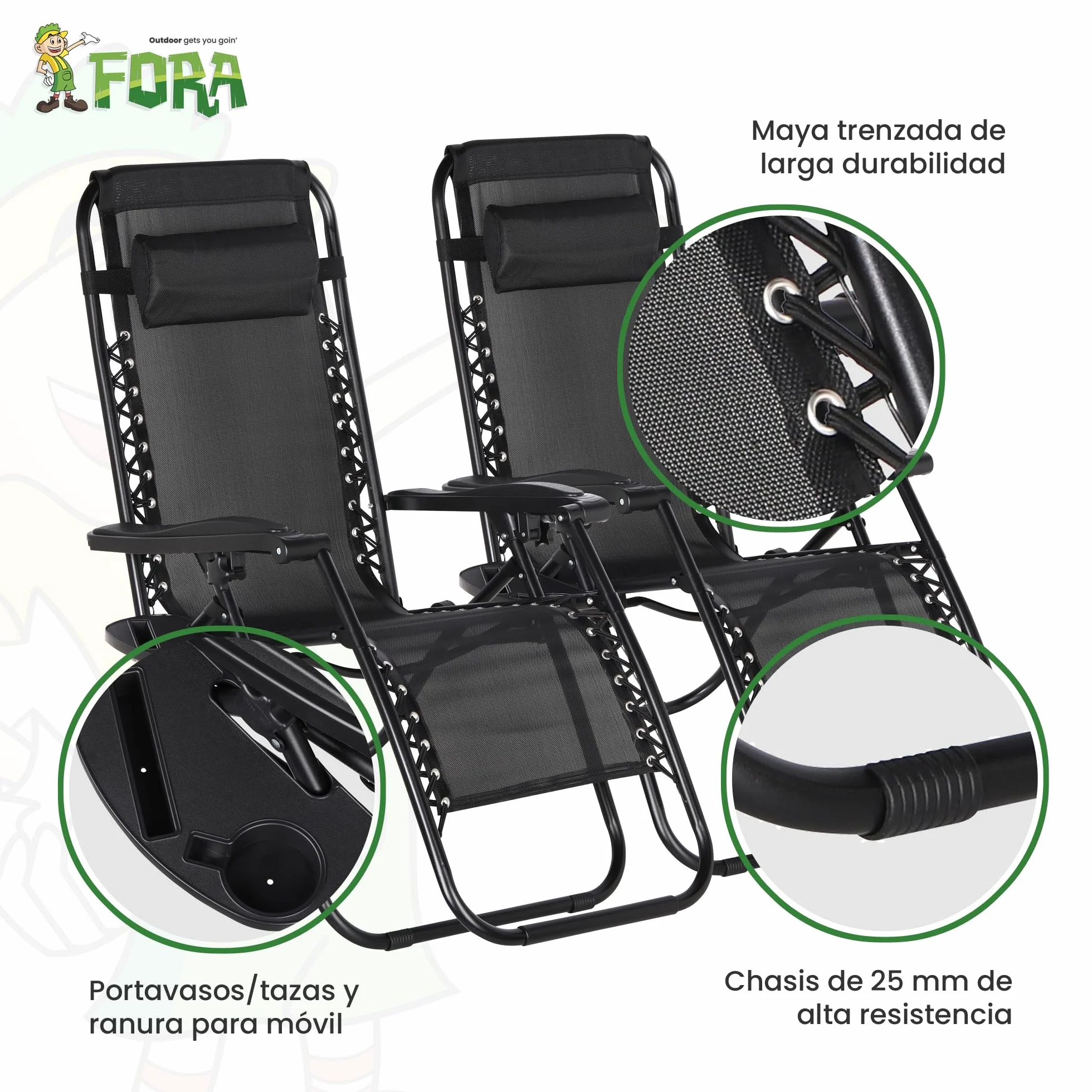FORA Pack 2 Tumbonas Jardín Exterior Plegables – 176×67×110 Cm, Tubo 25mm y Tejido Transpirable, Color Negro, Reclinables con Bloqueo de Seguridad, Cojín Incluido, Plegado Rápido, 120Kg
