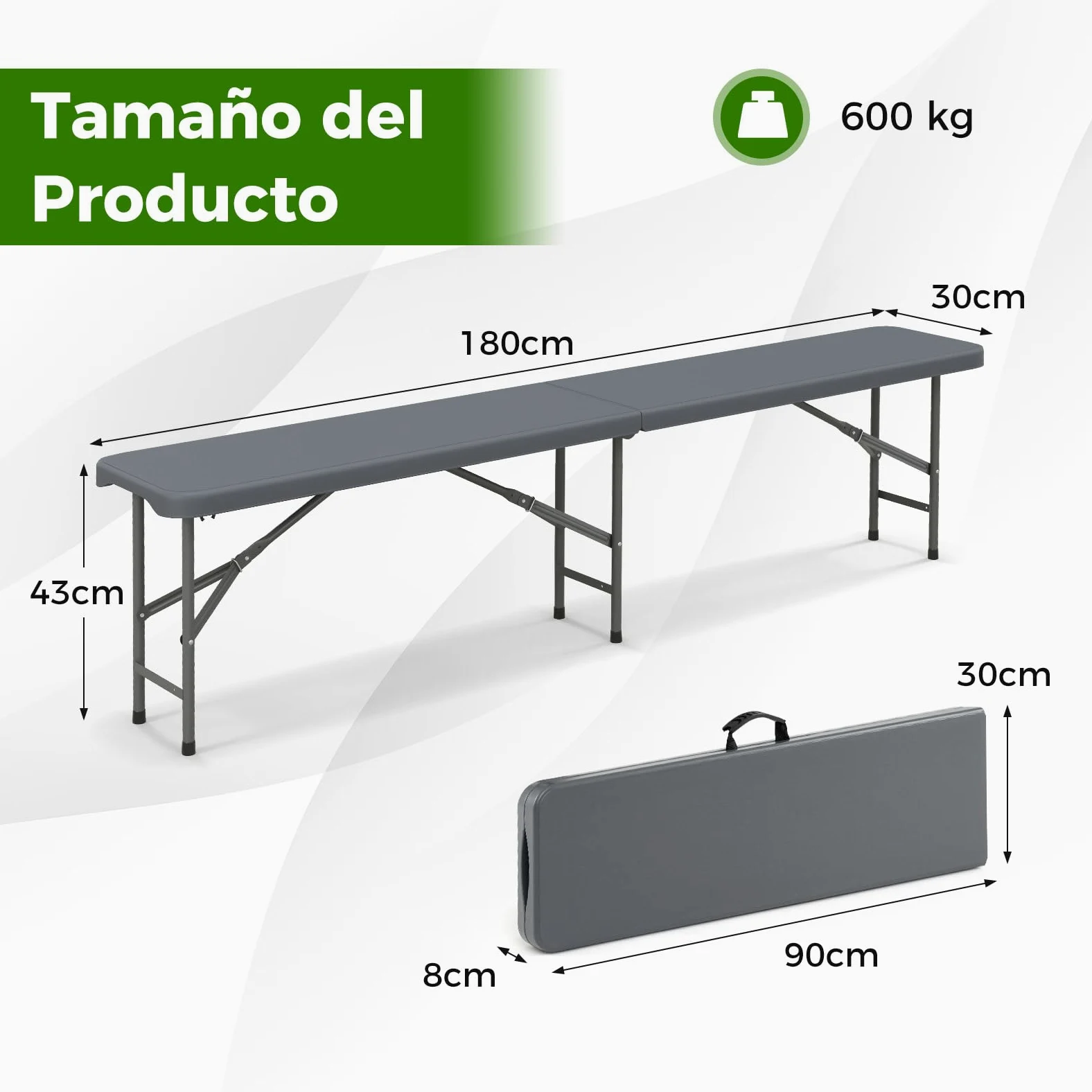 GOPLUS Banco Plegable Portátil 4 Personas 180x30x43 cm Gris Impermeable Exterior