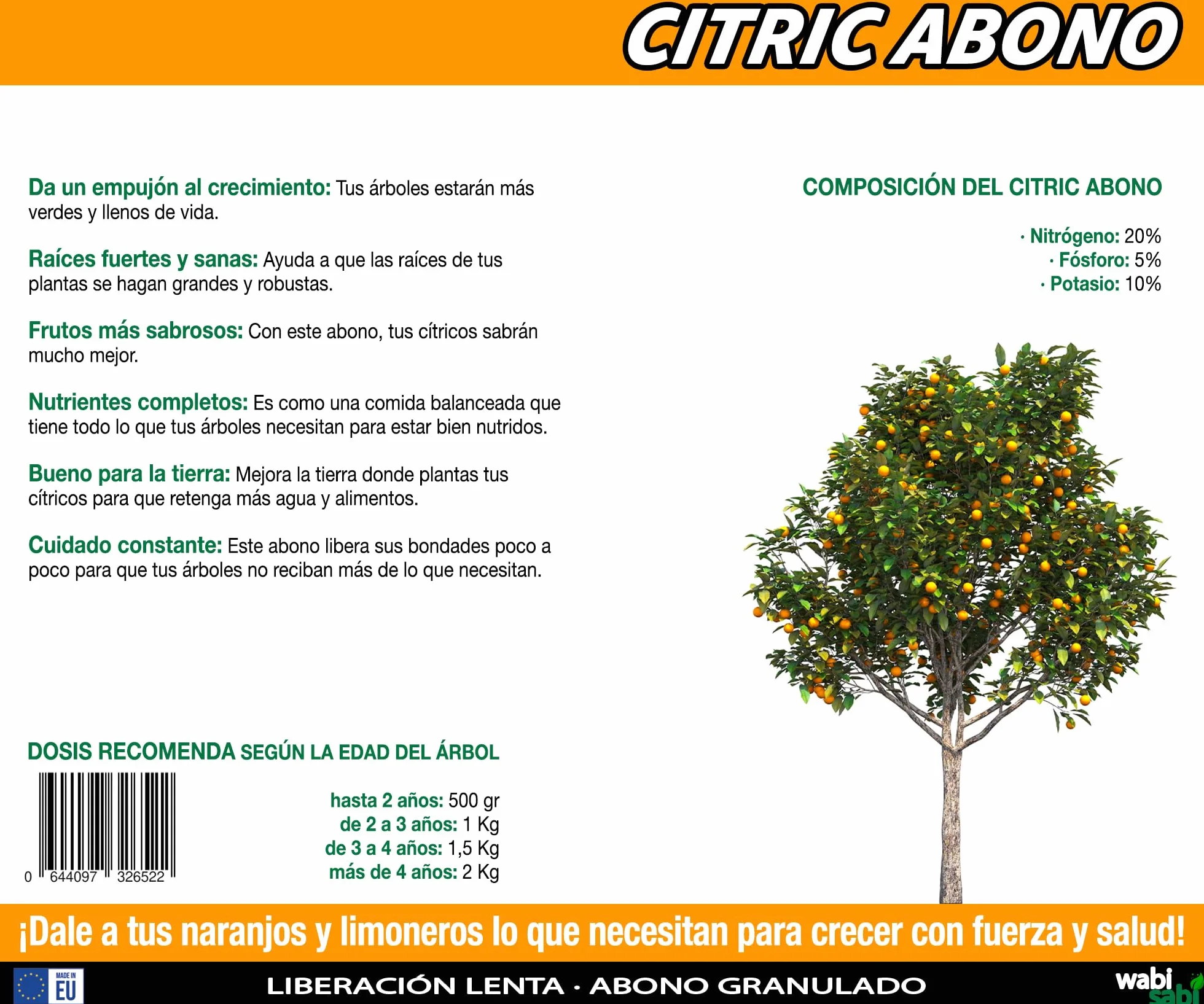 CITRIC ABONO Abono para Cítricos Premium NPK 20-5-10, Hierro, Calcio y Micronutrientes - Mejora Frutos, Fortalece Raíces y Evita Amarillamiento - Ecológico y Orgánico (7kg)