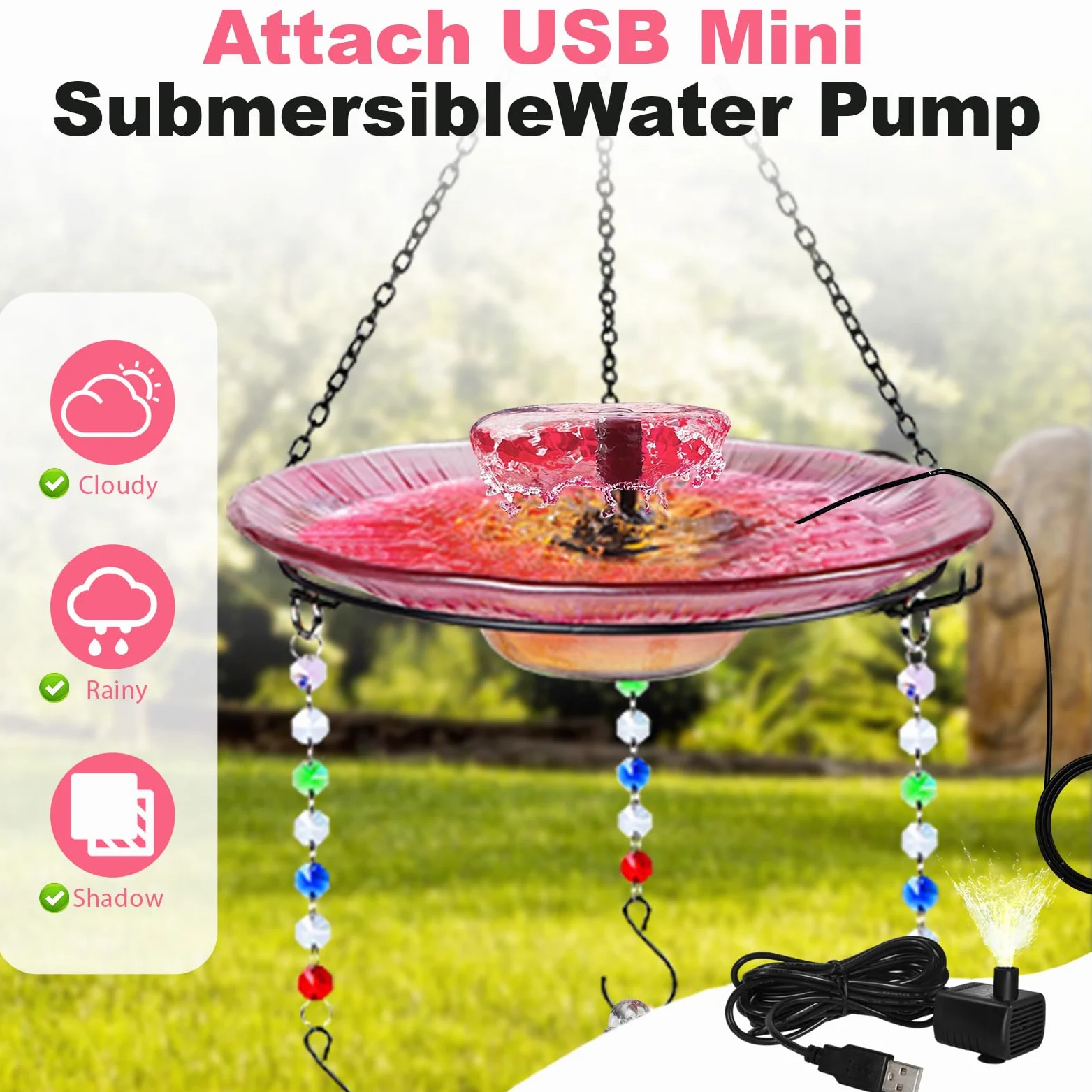 Headak Life Comedero de colibrí de vidrio soplado a mano para exteriores y baño de pájaros, 2 en 1 para pájaros pequeños, comedero colgante para colibríes, baño para pájaros para exteriores con bomba