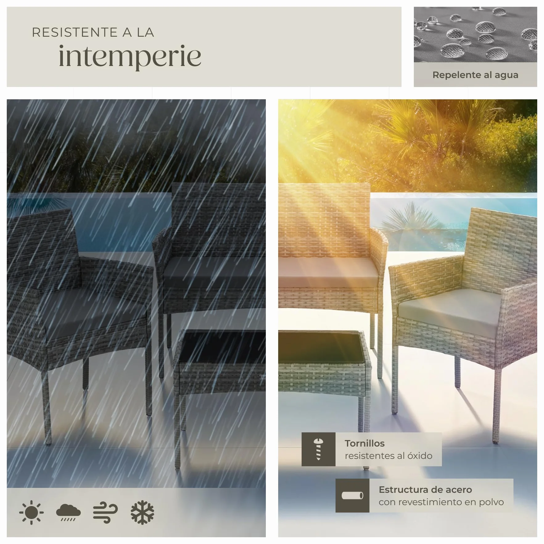 tectake® Conjunto Jardin Exterior de Ratán, Muebles Jardin Exterior para 4 Personas, Muebles Terraza con Mesa de Vidrio, Sofa Exterior y Sillas con Cojines Lavables, Sillon Cómodo - Gris