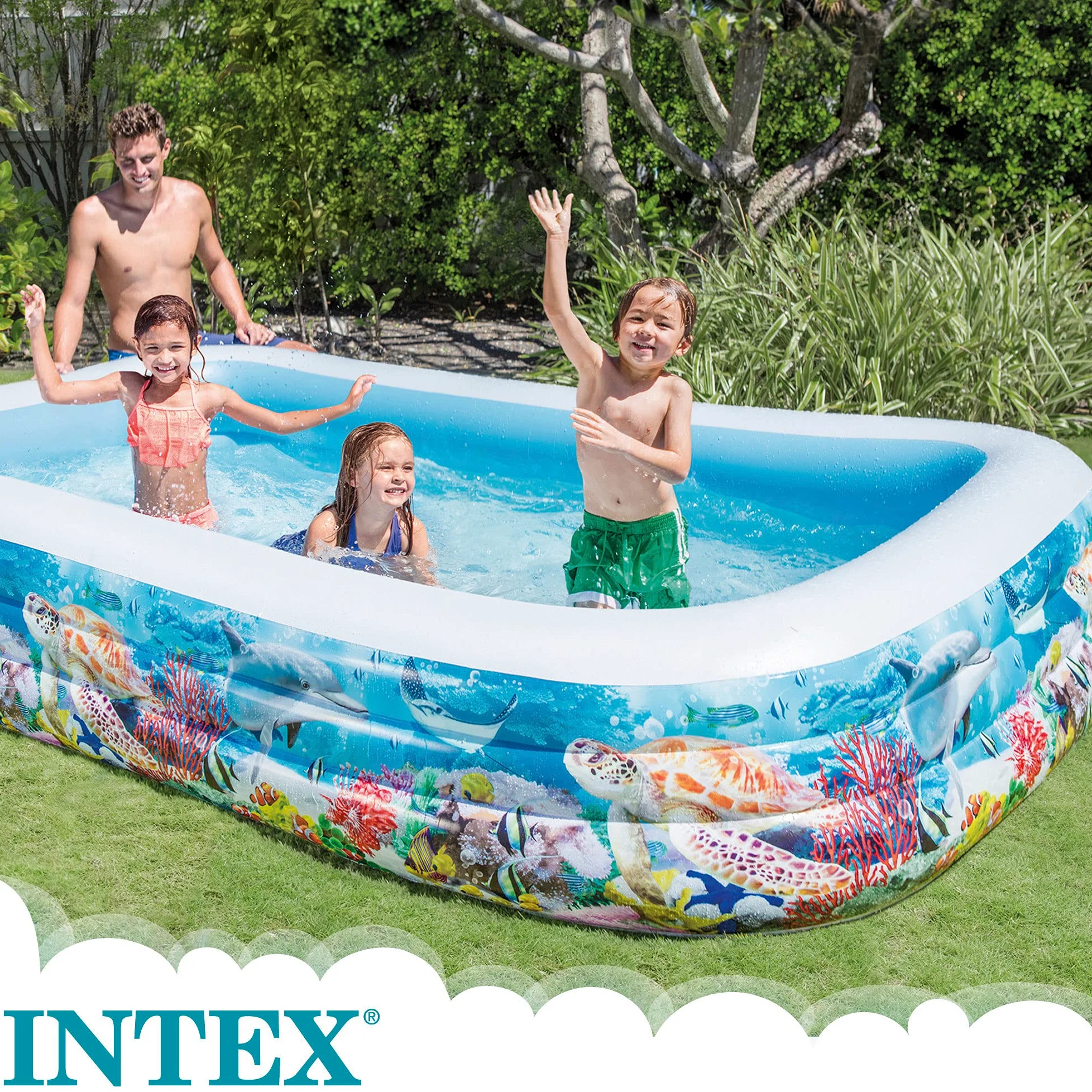 Intex Piscina Hinchable Grande diseño océano, 305x183x56 cm, 1050 litros, 3 cámaras de Aire, Tapón de desagüe, Vinilo Resistente, Uso Exterior, Ideal jardín y Verano, Parche Incluido, +6 años (58485)