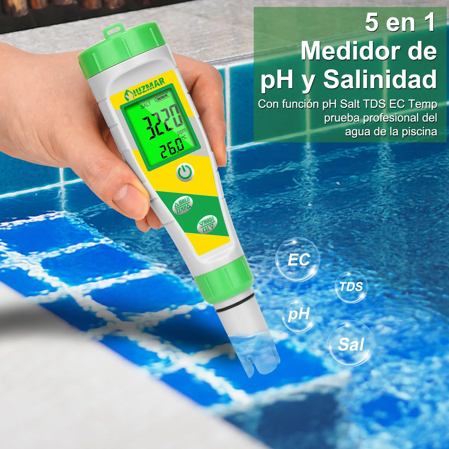 UIUZMAR Medidor de pH y Sal Piscina Salina, Test de Salinidad para Piscinas, Pantalla Digital 5 en 1, Medidor de pH TDS EC Salinidad Temperatura Para Piscina, Hidropónico, Acuario, Agua Potable, Spa