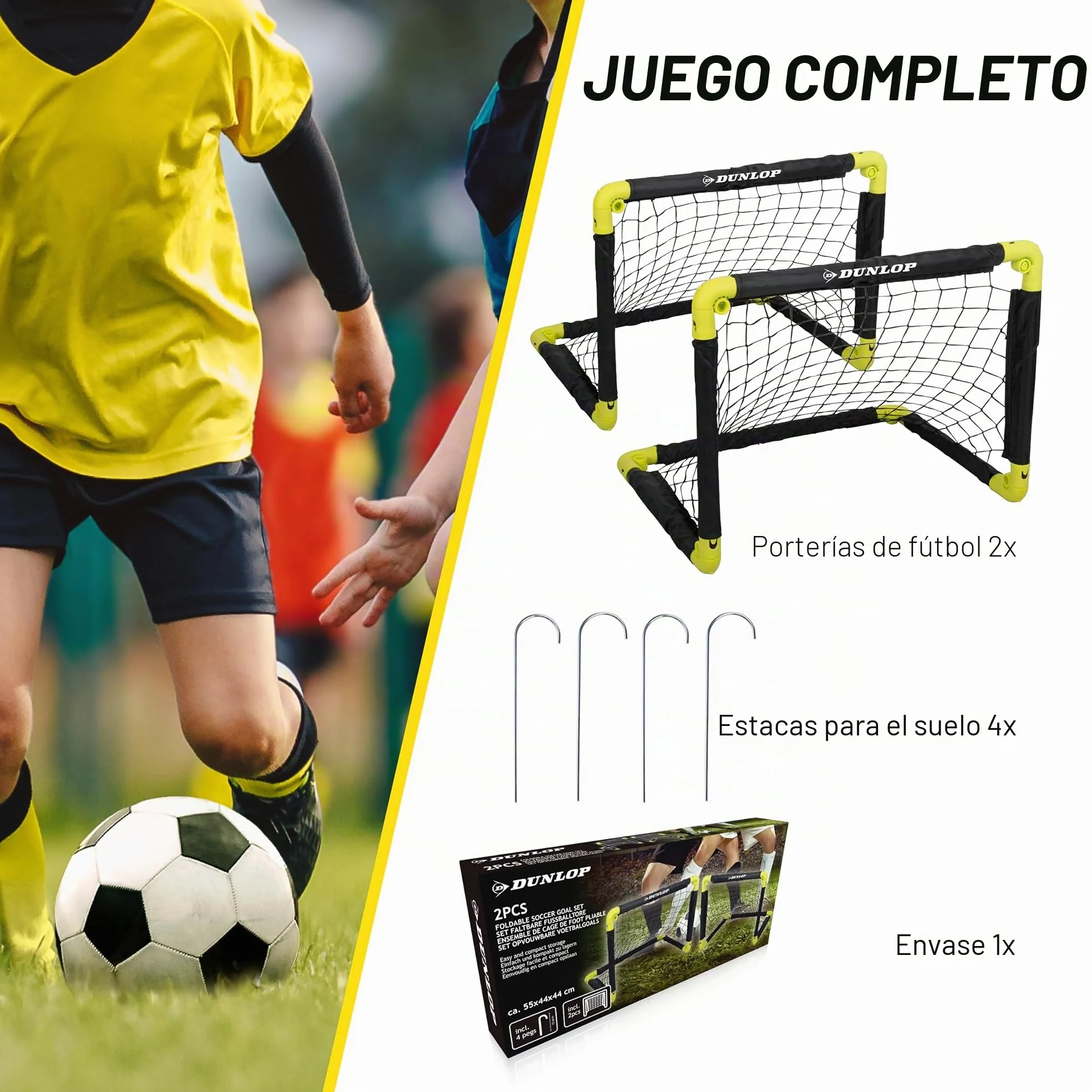 Dunlop Portería de fútbol plegable 50x44x44 cm Juego de 2 Kit de entrenamiento interior exterior Negro/Amarillo