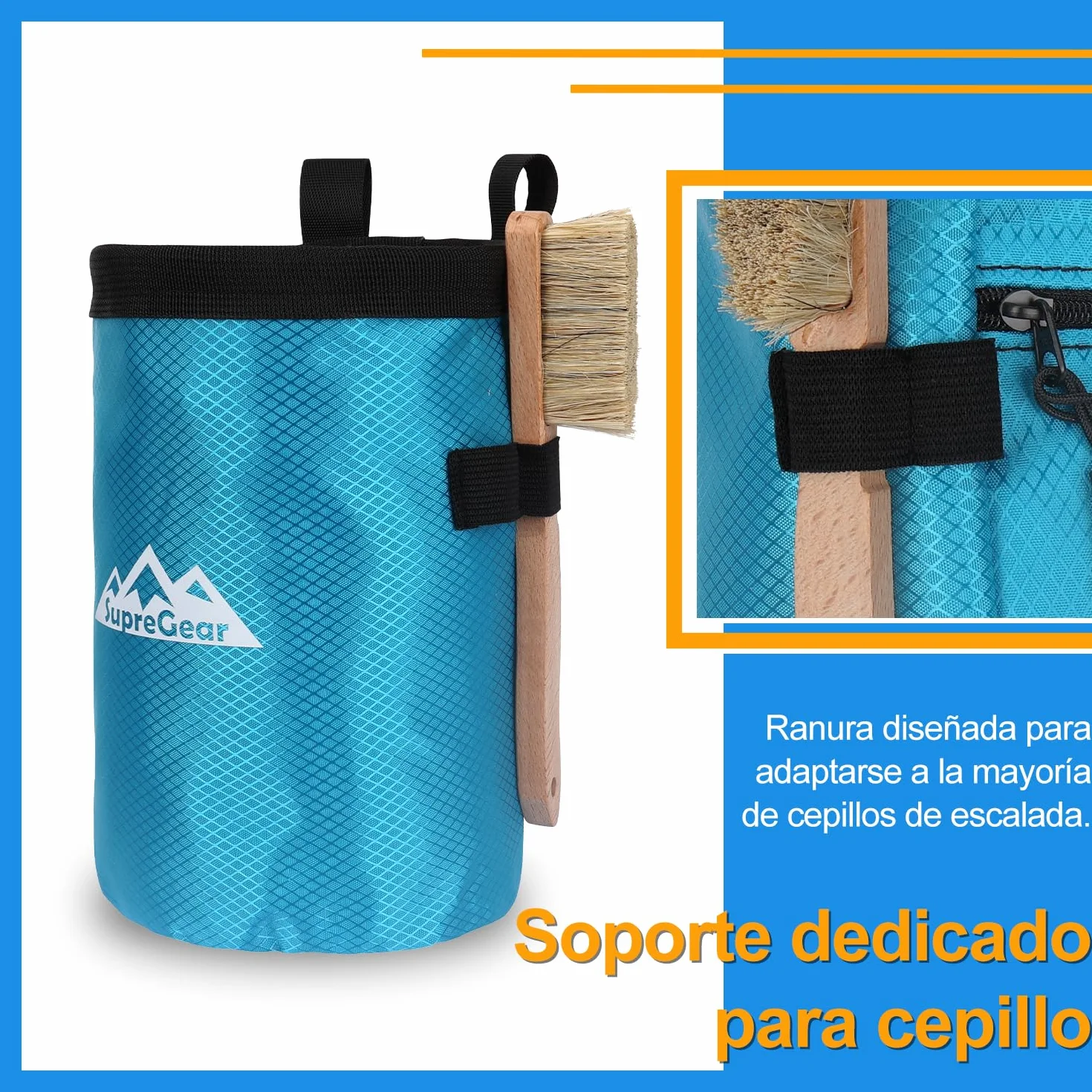 Supregear Bolsa de Magnesio para Escalada en Roca, Bolsillo Grande con Cremallera, Cierre de Cordón y Mosquetón