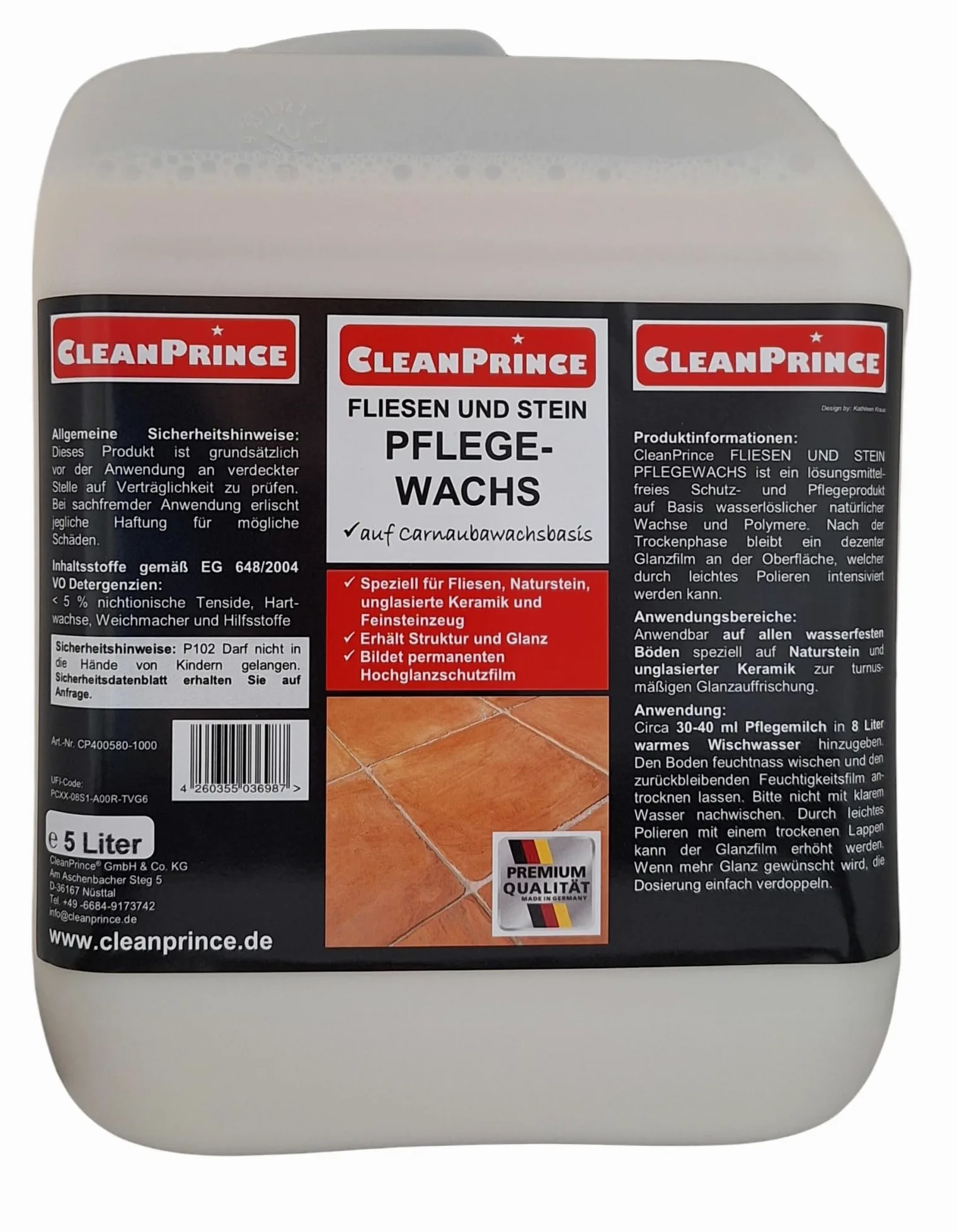 Cleanprince 5 Litros Baldosas y Piedra Cuidado de Cera Cera de Carnauba Piedra Natural Unglasierte Cerámica Limpieza Glanzauffrischung Medio de Cuidado Limpiador Brillo Hochglanzschutzfilm Pflegemilch