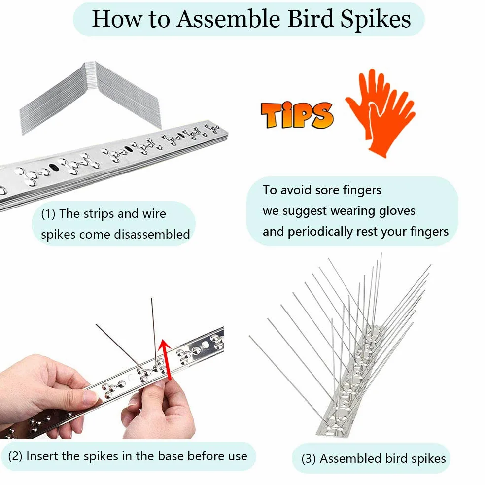 PANGCH Pinchos de pájaros para Palomas y pájaros pequeños, Picos de Acero Inoxidable, no más nidos de pájaros y Picos desmontados, 70 Tiras de Cobertura de 75.78 pies