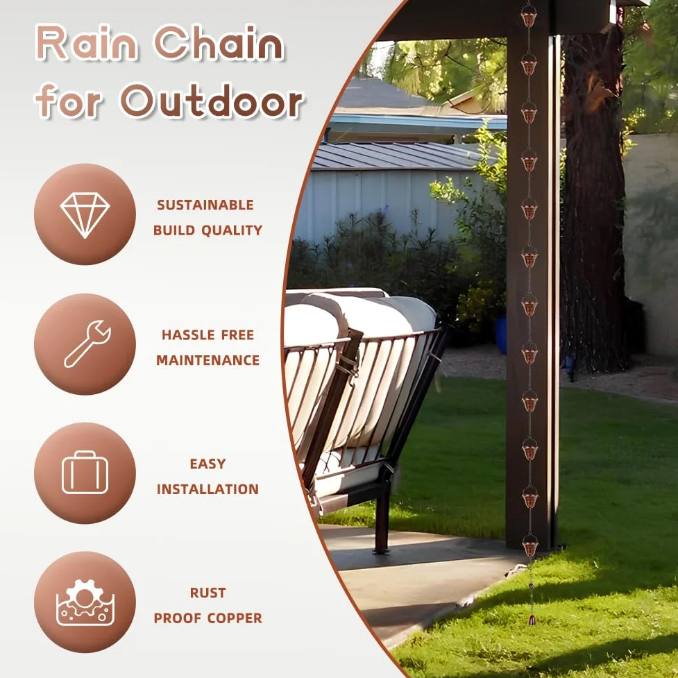 dreamysoul Cadenas de Lluvia de Cobre para Exteriores, 10.43 pies con 12 Tazas, Cadenas de Recogida de Lluvia para canalones de bajante, Drenaje de Aleros