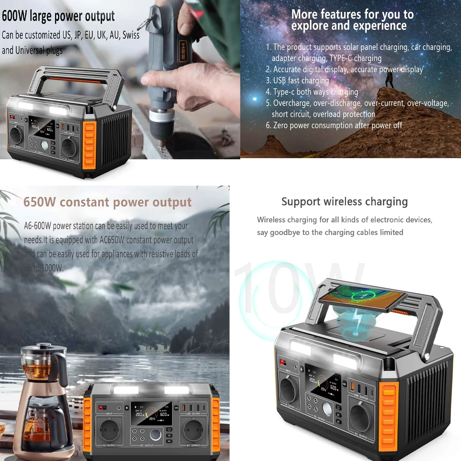 Generador Solar Portable Power Station 520WH 600W con Salida De Onda Senoidal Pura AC/DC Generador De Almacenamiento De Energía De Emergencia para Camping Batería 140400 Mah