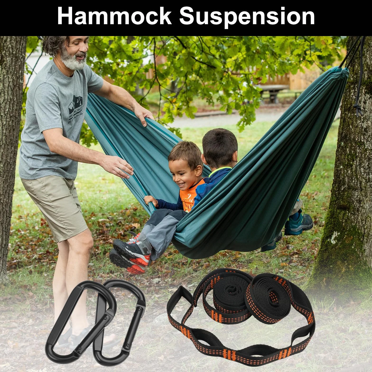 Correas de Suspensión para Hamaca 2m x 2,5cm con Mosquetones Resistentes - Kit de Fijación para Árboles, Camping y Columpio