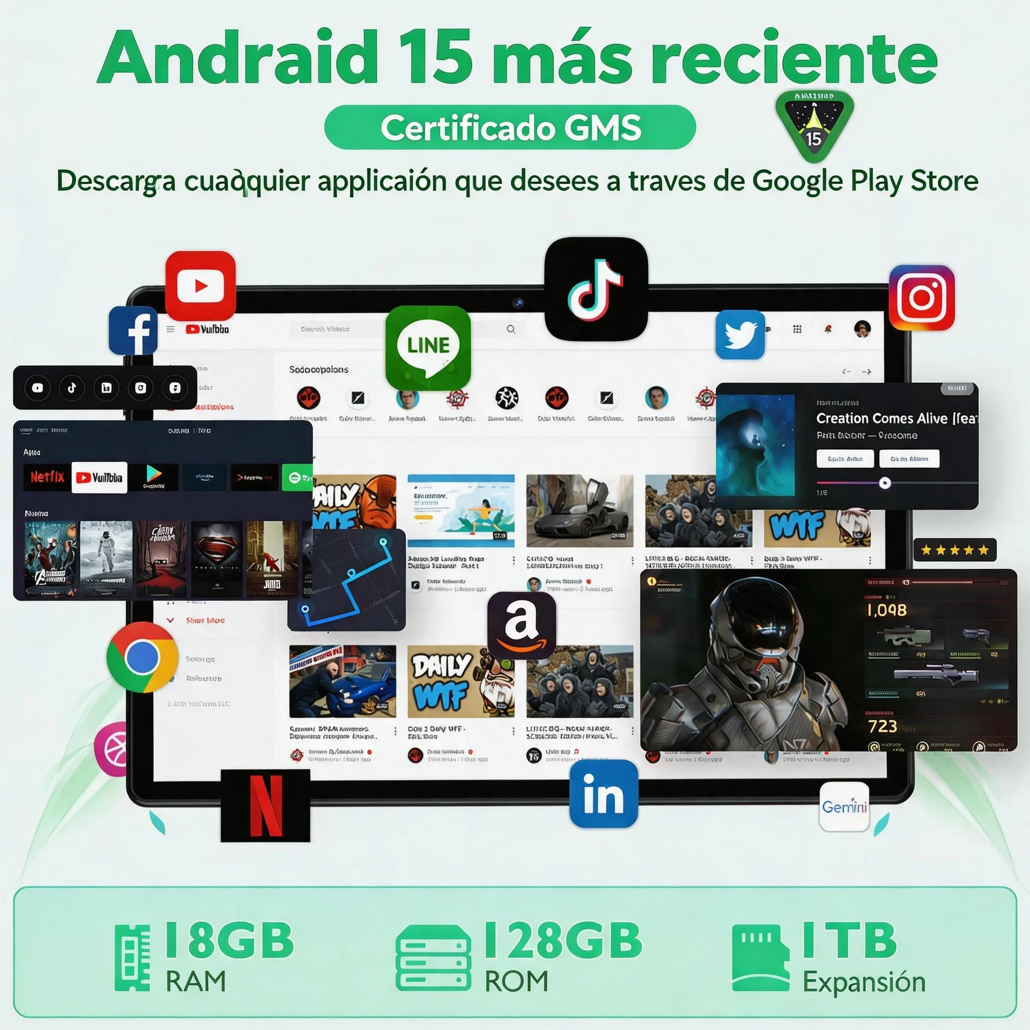 Tableta Android 15 10 Pulgadas 18GB RAM 128GB Almacenamiento IPS 1280x800 Octa-Core 6000mAh