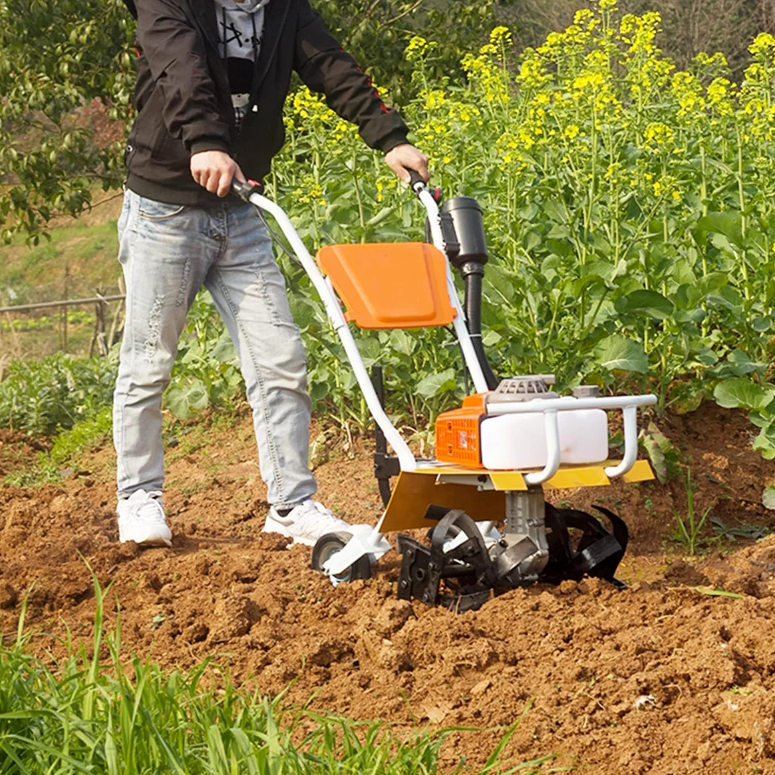Motocultor De Gasolina para Jardín, Motocultor De Gasolina para Trabajo Pesado, con 4 Cuchillas, Profundidad De Labranza Ajustable, Motocultor De Gasolina De 2 Tiempos, Motocultor De Gasolina