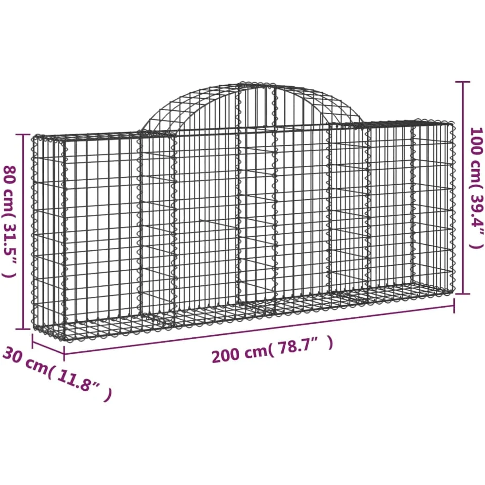 Gaviones con arco alto, 6 unidades, 200 x 30 x 80/100 cm, hierro galvanizado para barreras de jardín y protección visual como pared decorativa de gaviones de alambre robusto