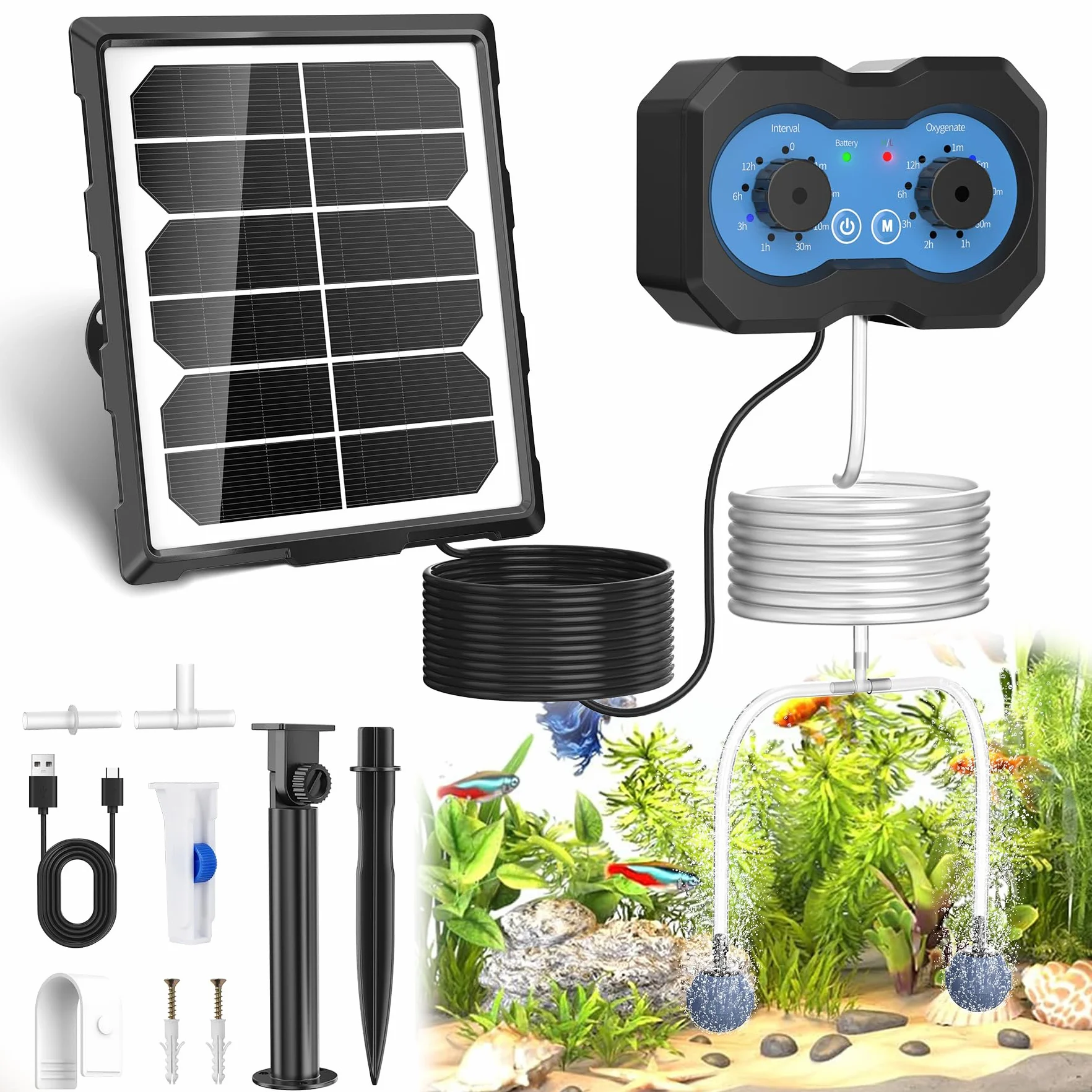 Forever Speed Aireador Solar para Estanque con Batería, 146 Modos Ajustables Bomba de Oxígeno Solar Recargable para Pequeño Estanque, Bomba de Oxígeno Aire Solar Doble Recarga Solar y USB | Aireador Solar para Estanque con Batería 2200mAh con 146 Modos Aj