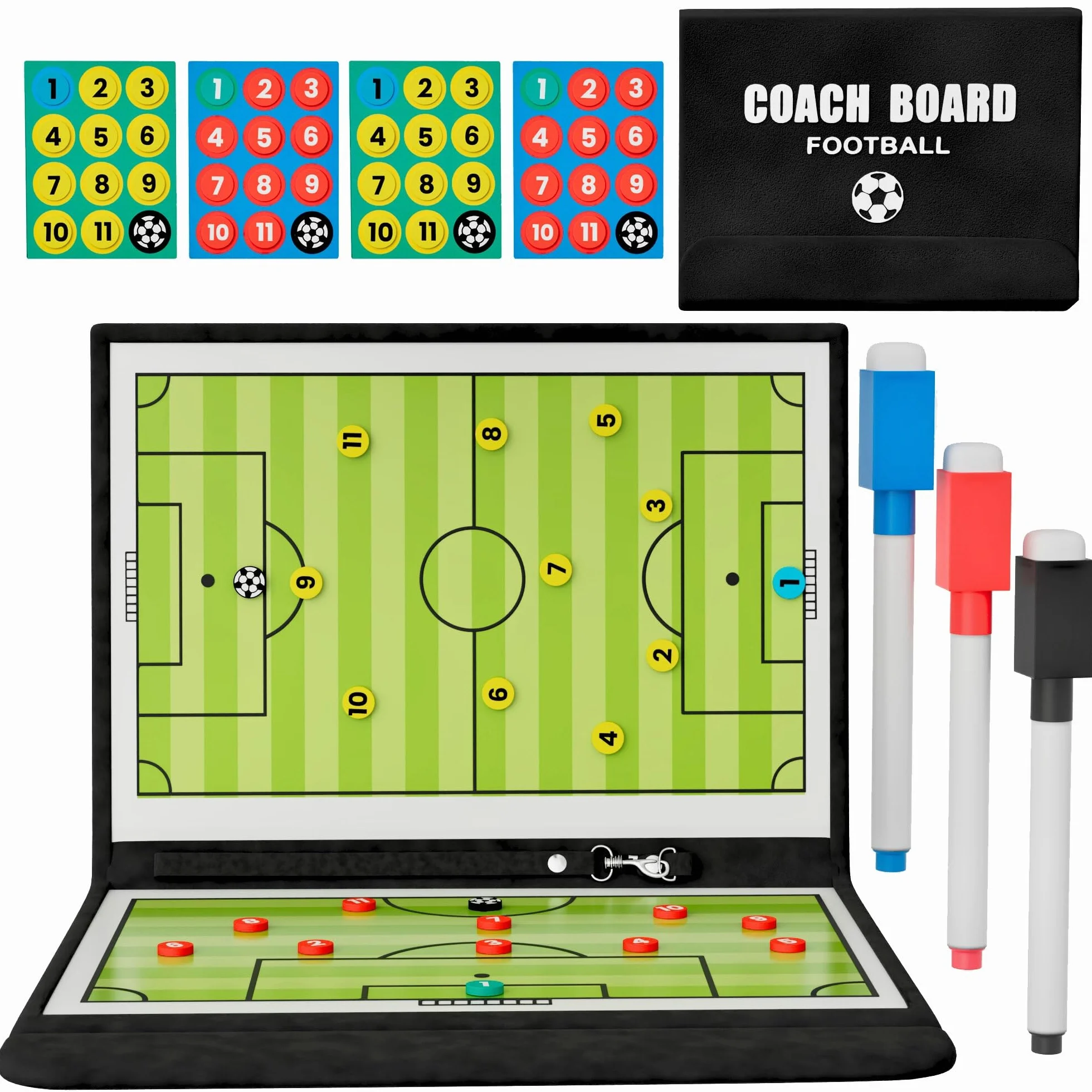 Pizarra Fútbol Entrenador 44 Fichas 3 Rotuladores Negro Azul Rojo Carpeta Entrenamiento