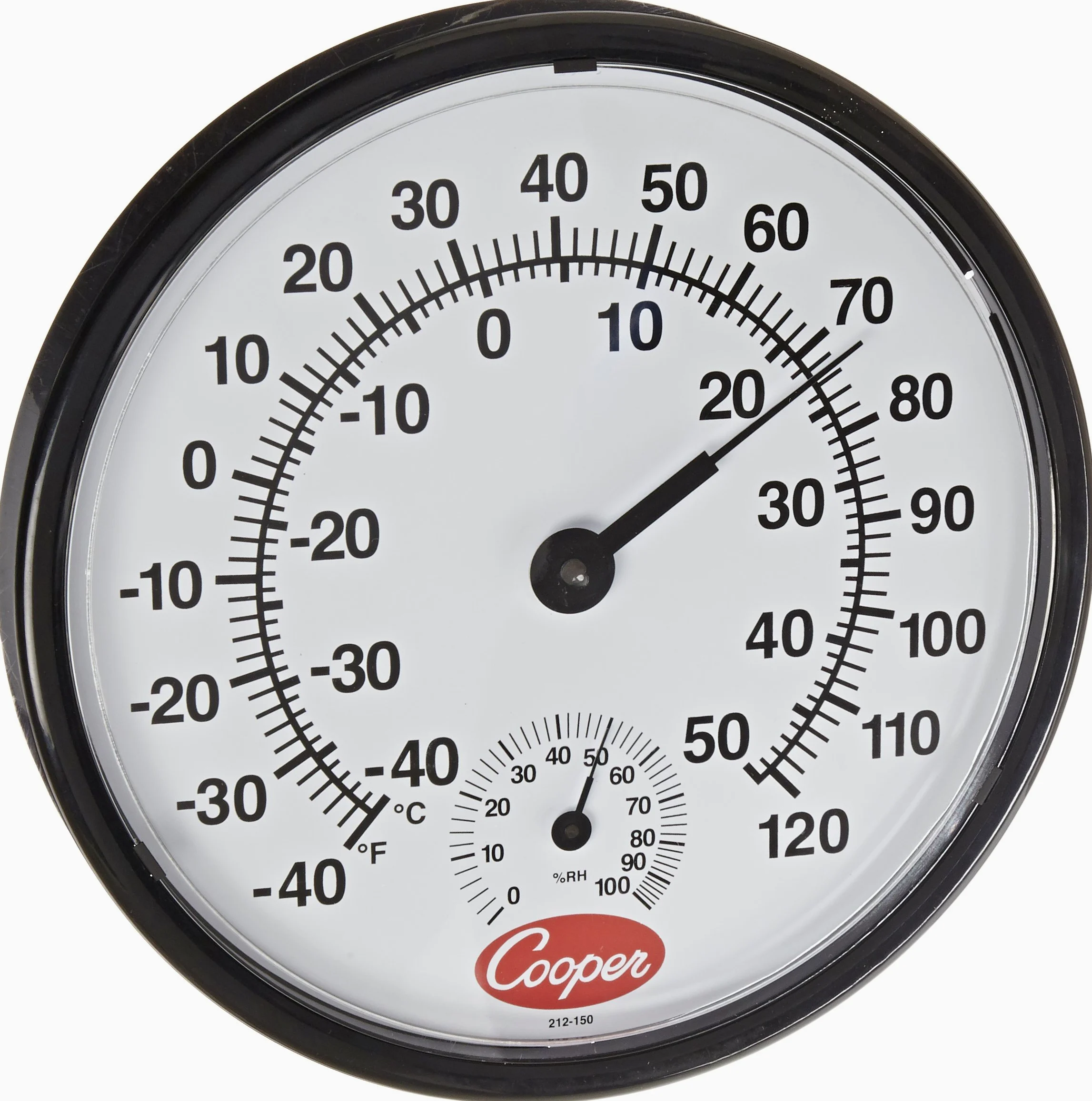 Cooper-Atkins 212-150-8 Termómetro bimetálico para montaje en pared con lente de plástico, medidor de humedad, rango de temperatura de -40/50 °C