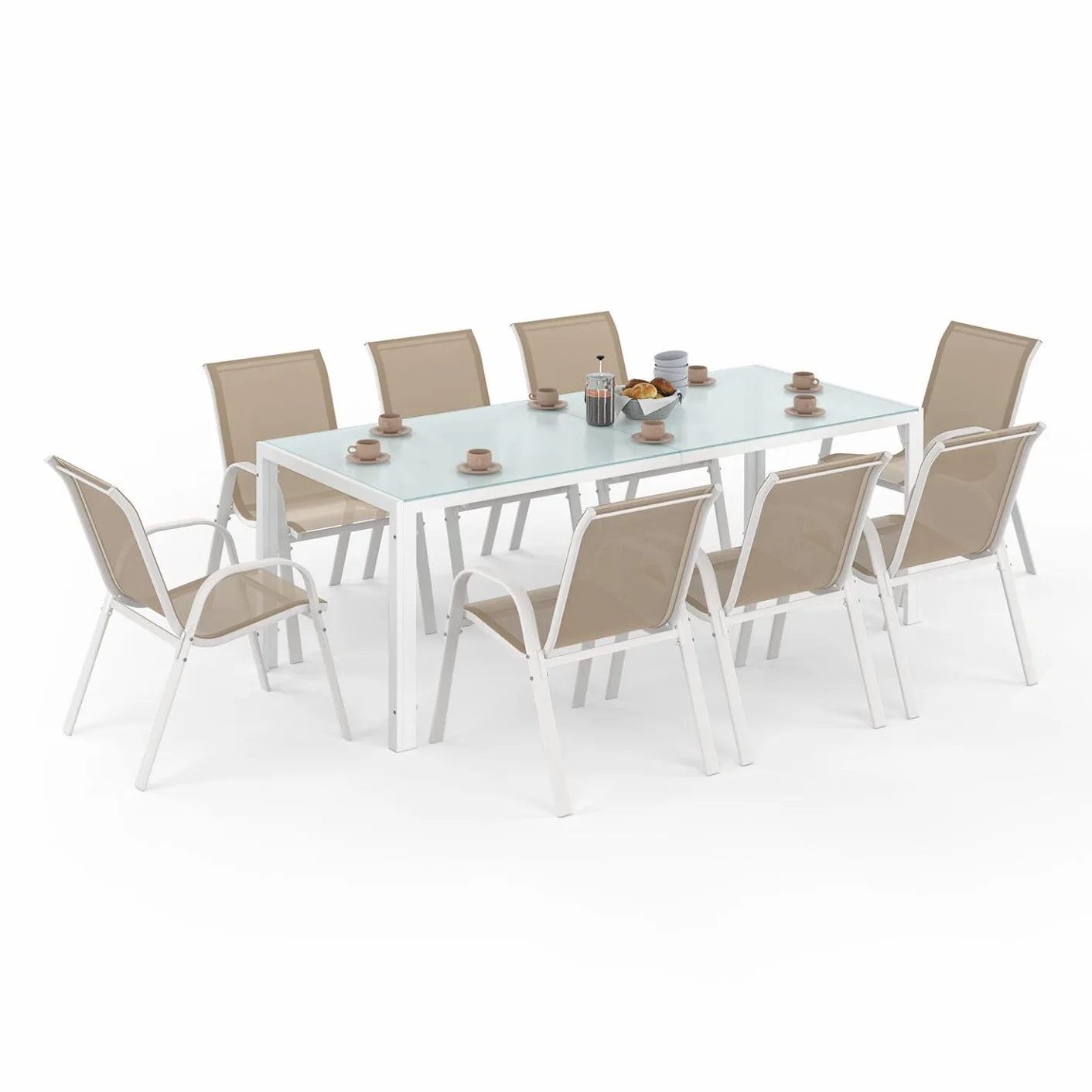 Salón de jardín Madrid Mesa 190 cm 8 sillas apilables blanco beige