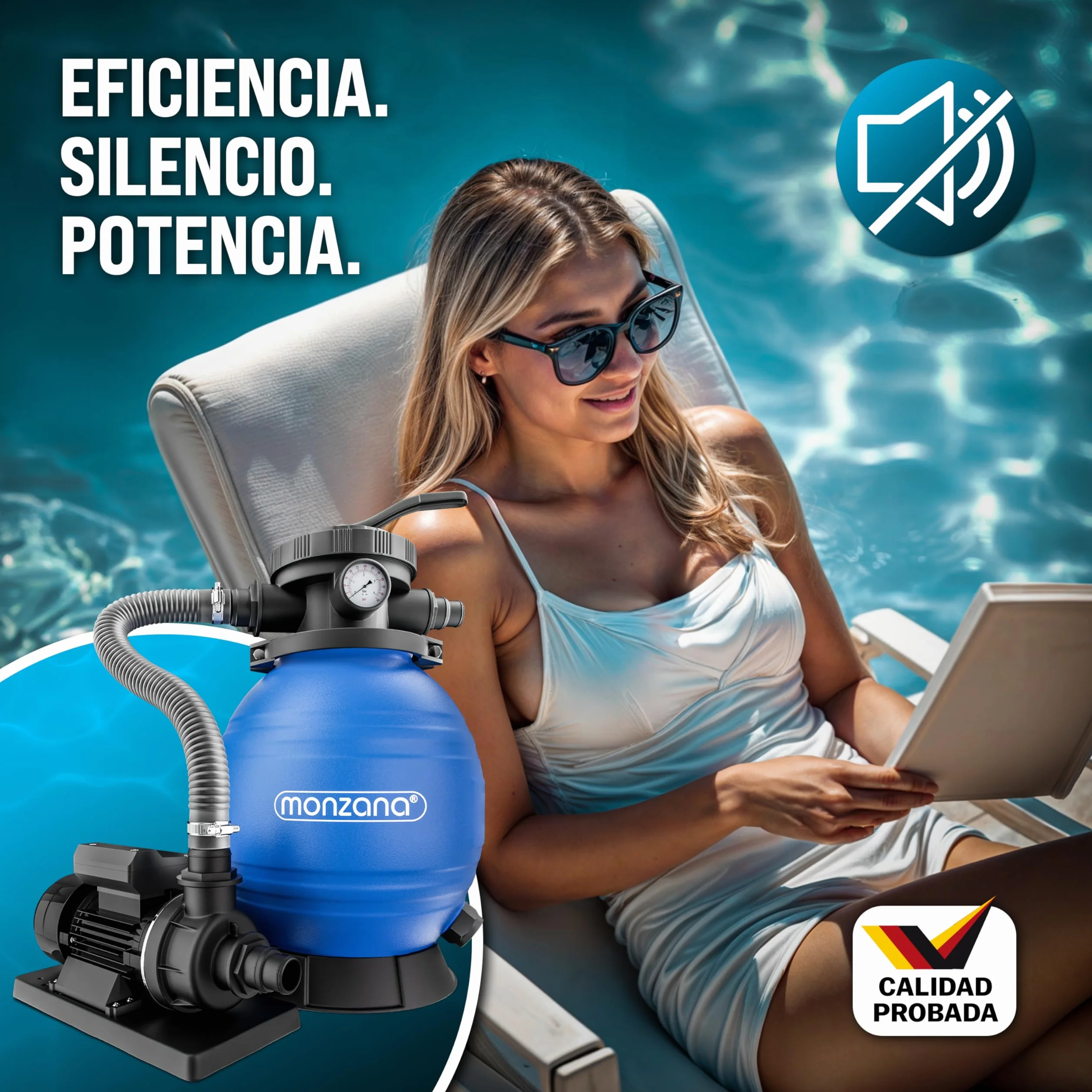 MONZANA® Depuradora Piscina 10.200 L/h Filtro de Arena hasta 35.000 L Bomba 400W Válvula 7 Funciones Filtrado Adaptador Ø32-38 mm Indicador de Presión