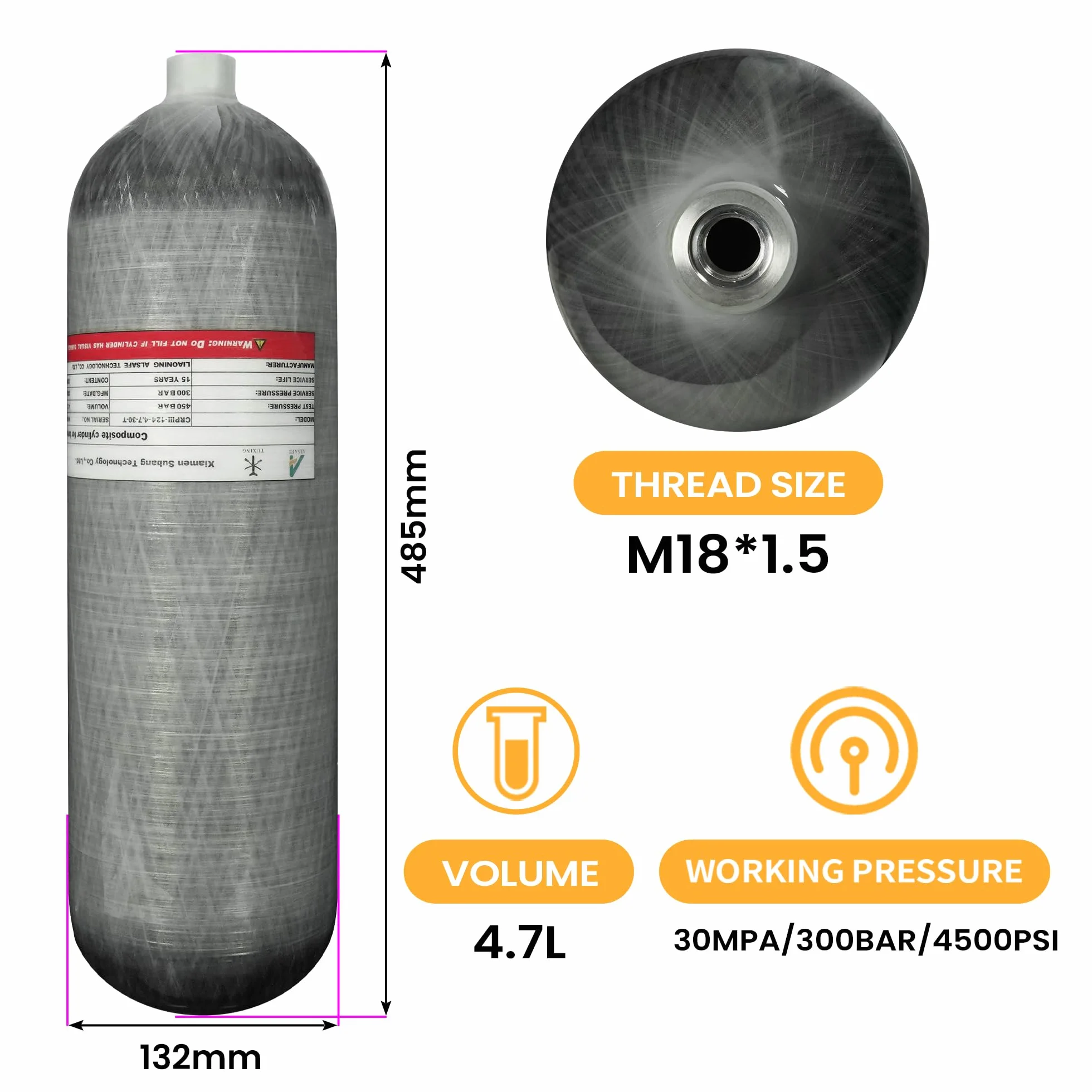 TUXING Depósito de aire fibra de carbono 4,7L 4500 psi 300 bar botella vacía estación llenado paintball dos manómetros manguera alta presión 24 pulgadas M18x1.5