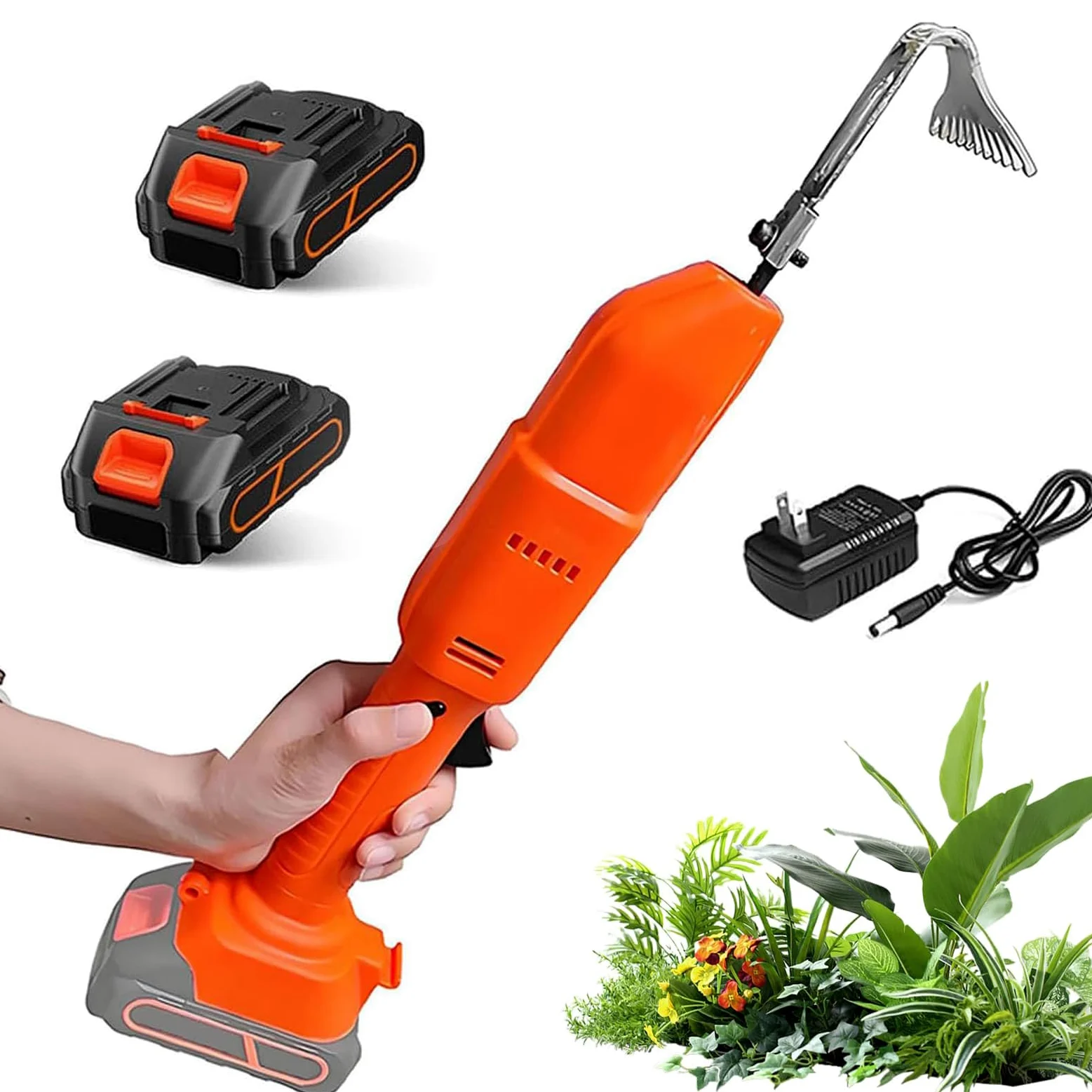 Azada cultivadora inalámbrica, desbrozadora eléctrica de jardín con 2 baterías de 1,5 Ah y poste telescópico, herramienta de jardinería 2 en 1 y rastrillo, para aflojar el suelo y desmalezar