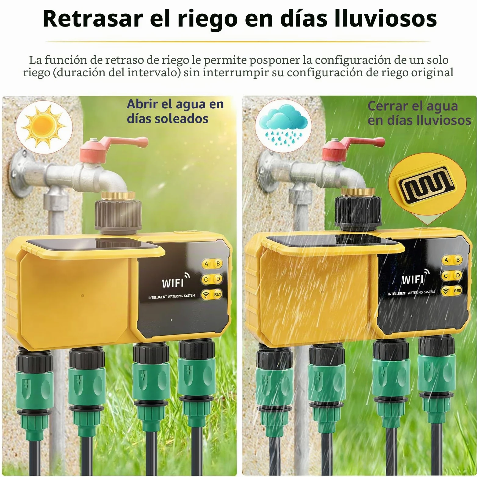 Temporizador Riego Solar, 4 Zonas WiFi Controlador Válvula Agua Solar Inteligente Control Aplicación Sensor Lluvia Temporizador Agua para Patio Exterior Jardín Playas Patio