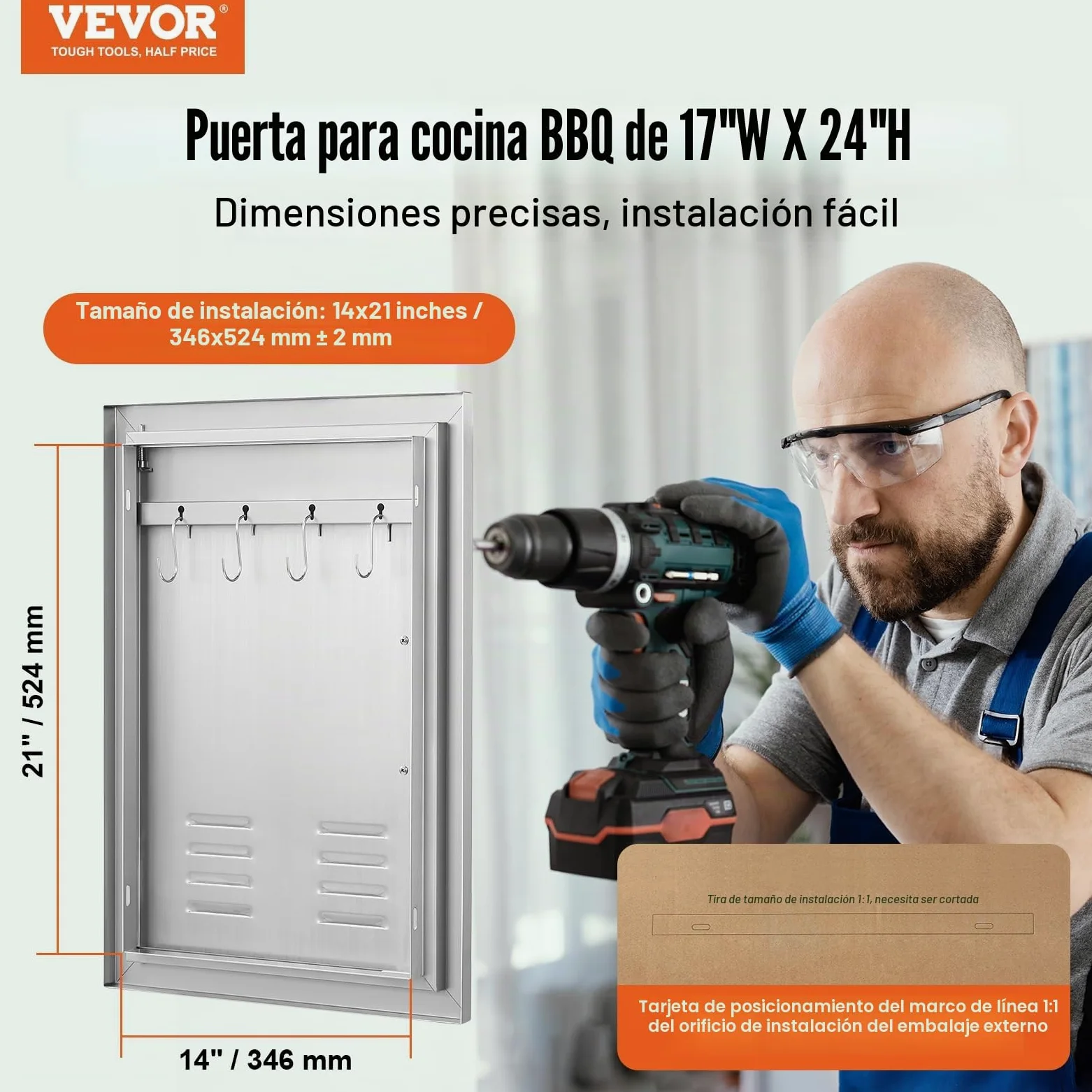 VEVOR - Puerta de acceso para barbacoa y cocina exterior, 610 x 431 x 45 mm, puerta empotrada en acero inoxidable, con asas, ventilaciones y ganchos, para isla de barbacoa, estación de